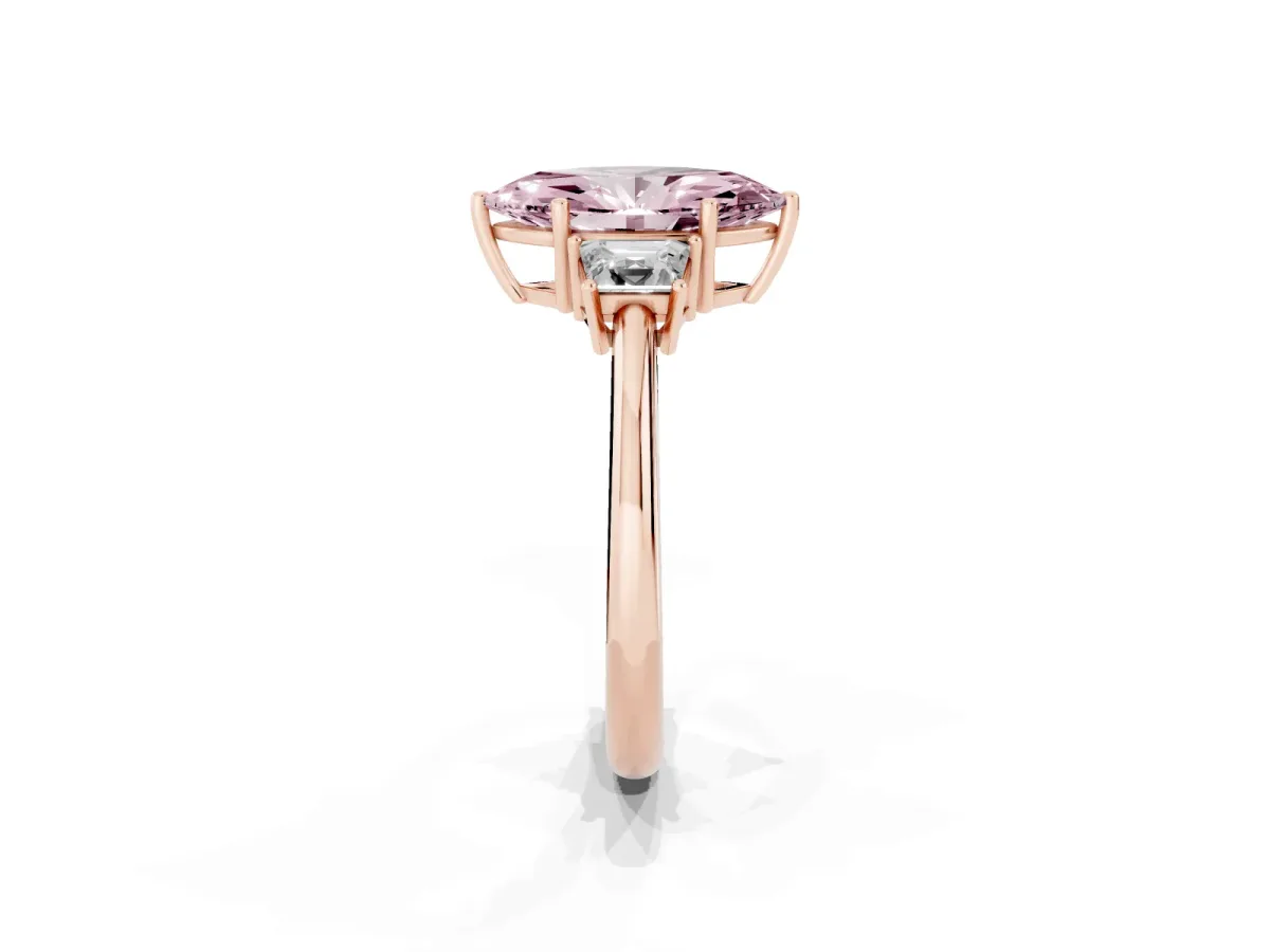 Fancy Pink Marquise Cut Diamond Three-Stone Ring with Trapezoid Side Stones and Prong Setting Rose gold