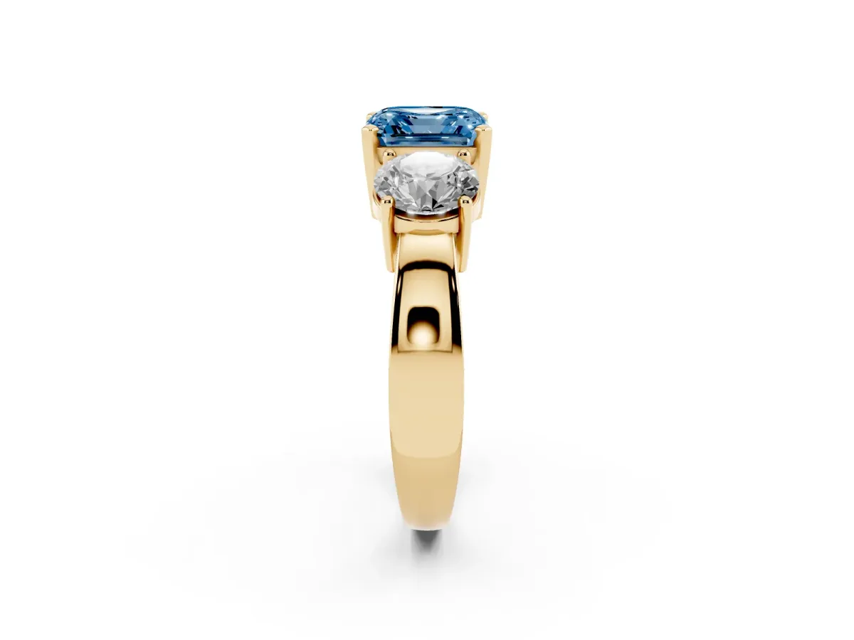Fancy Blue Three-Stone Asscher Cut Diamond Ring with Round Side Stones, Classic Band, and Four-Prong Setting Yellow gold