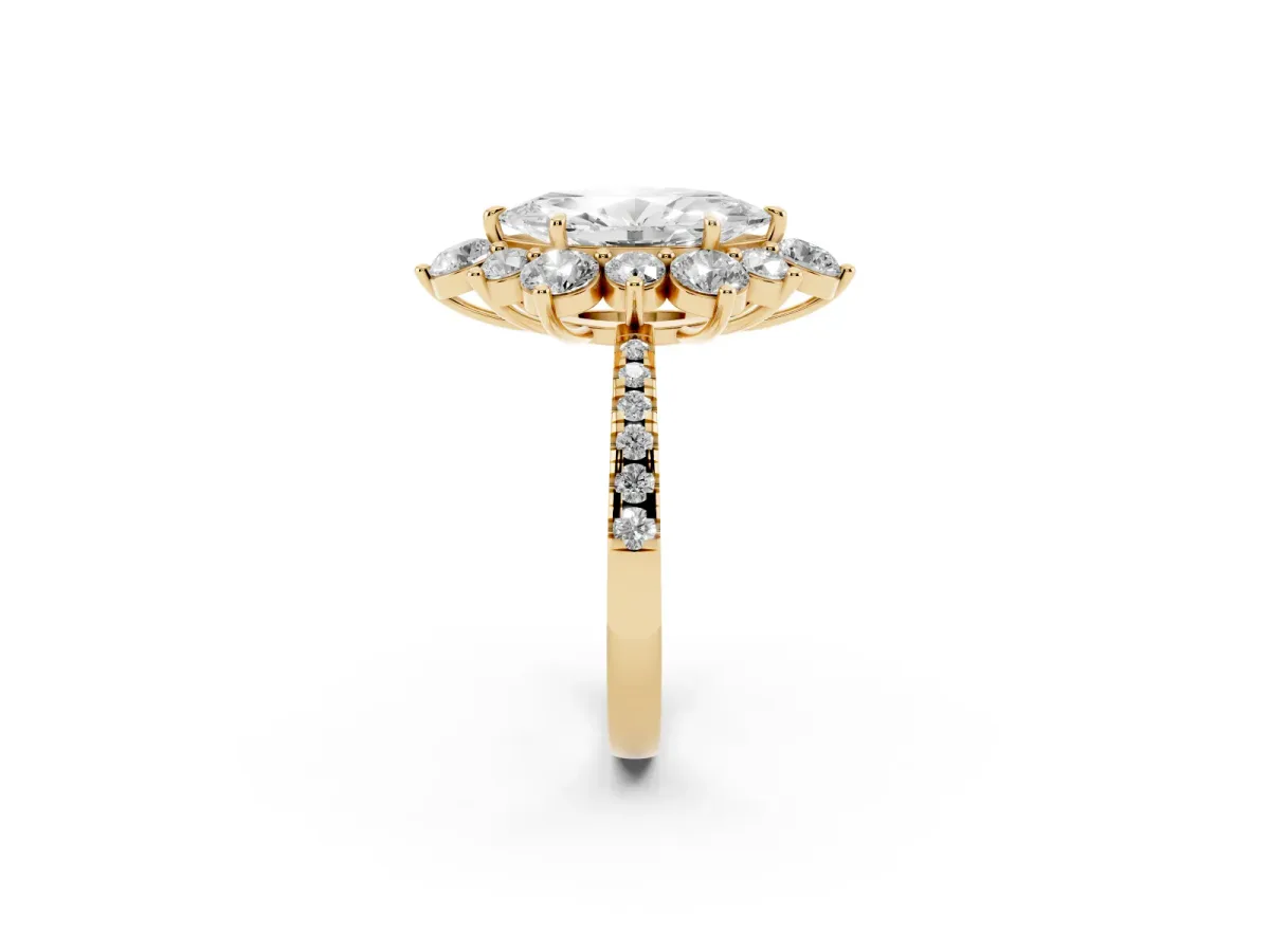 Marquise Cut Diamond Floral Halo Ring with Round Pavé Band and Prong Setting Yellow gold