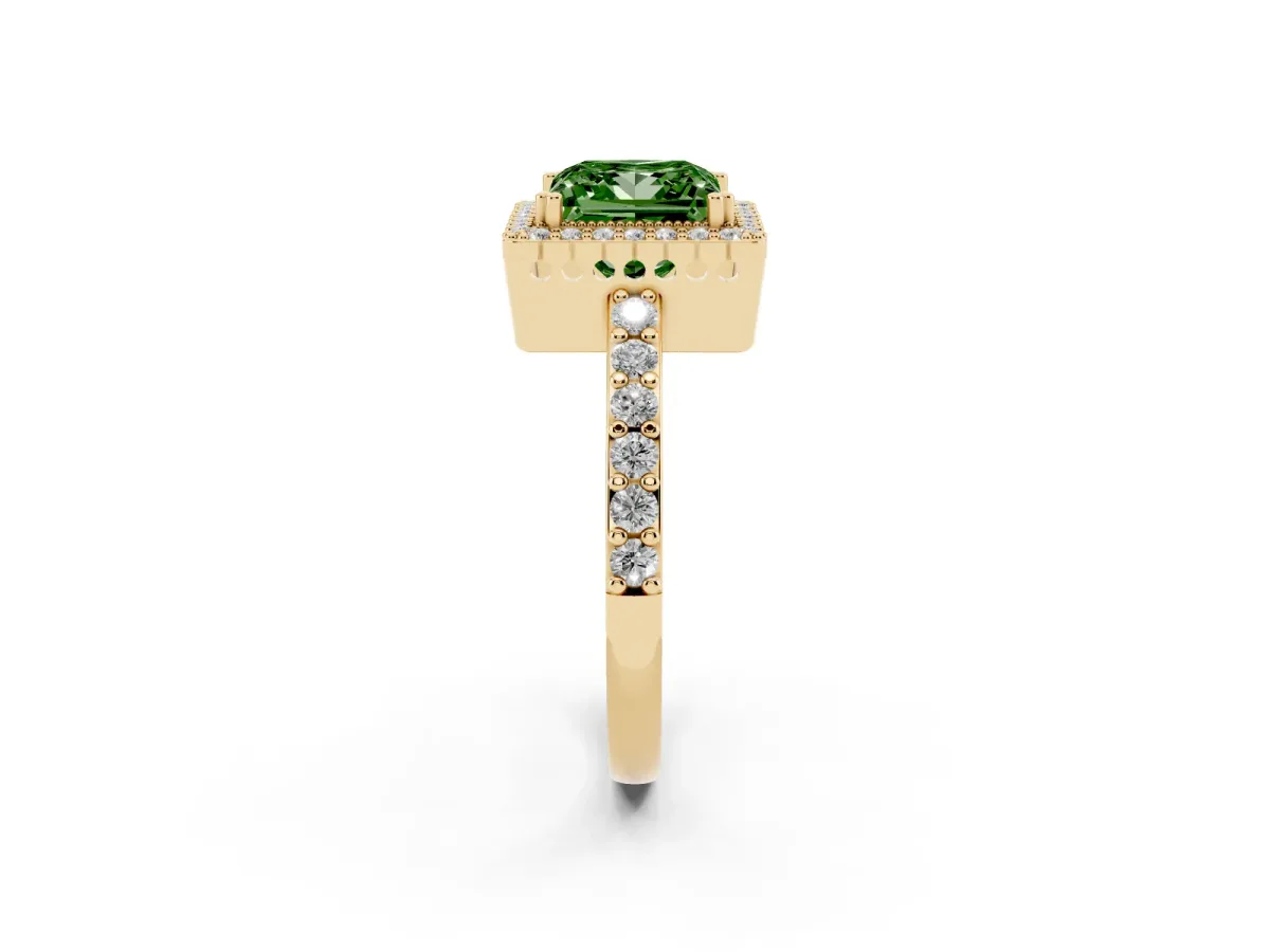 Fancy Green Princess Cut Cut Diamond Halo Engagement Ring with Milgrain Detail and Pavé Band Yellow gold