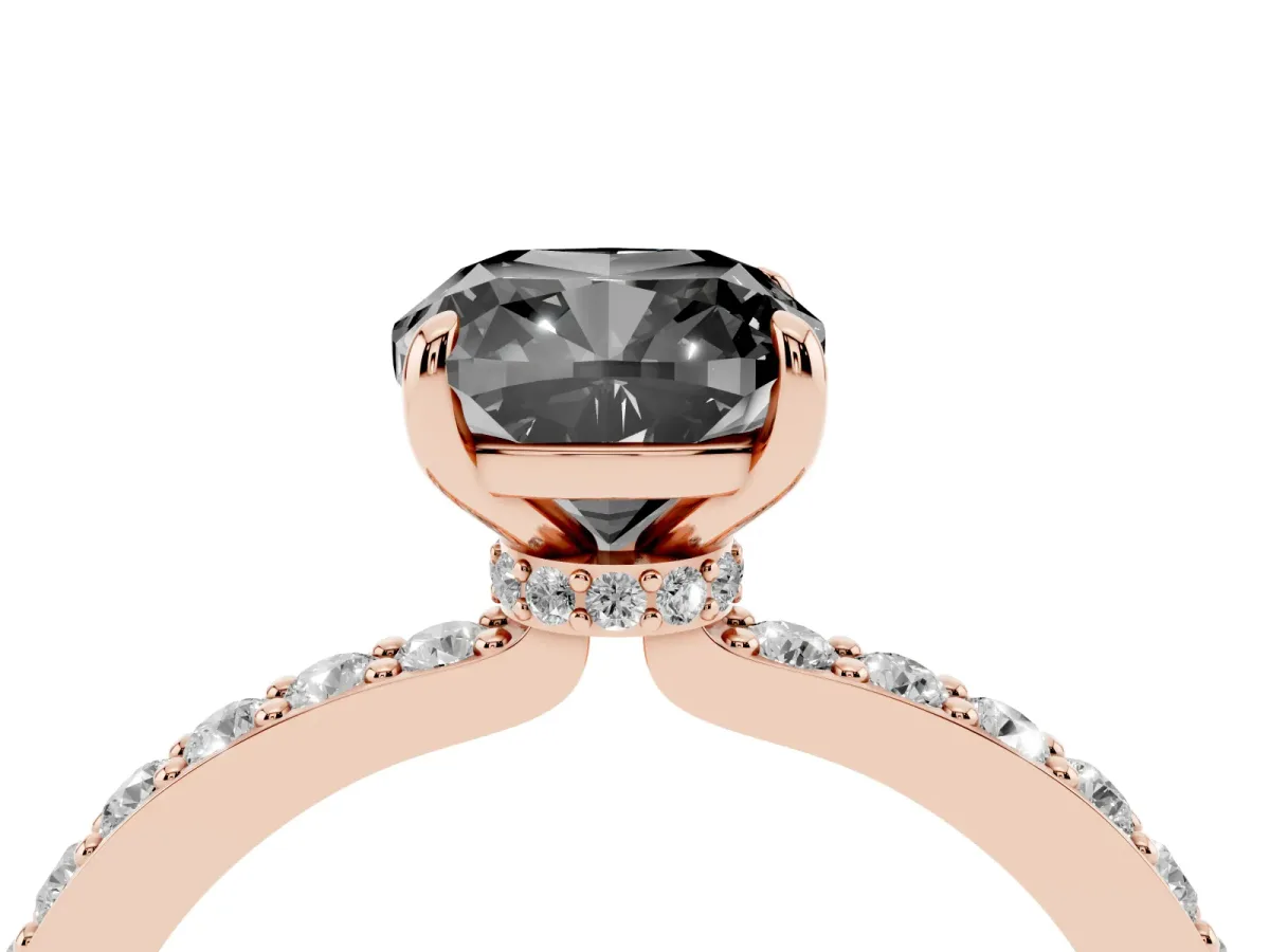 Fancy Black Cushion Cut Diamond Solitaire Engagement Ring with Pavé Band and Four-Prong Setting Rose gold