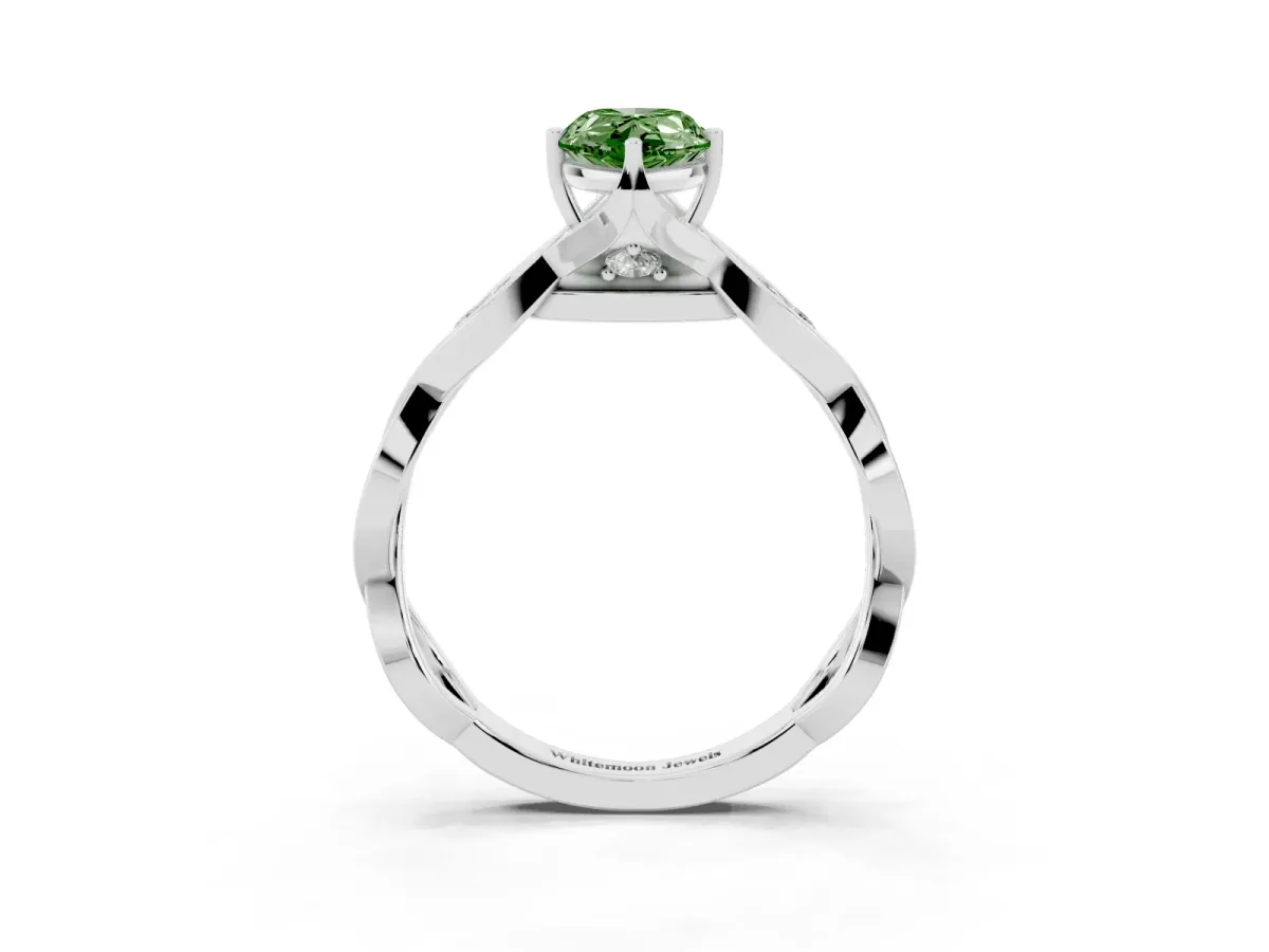 Fancy Green Pear Cut Solitaire Twist Band with Leaf Prong Setting White gold