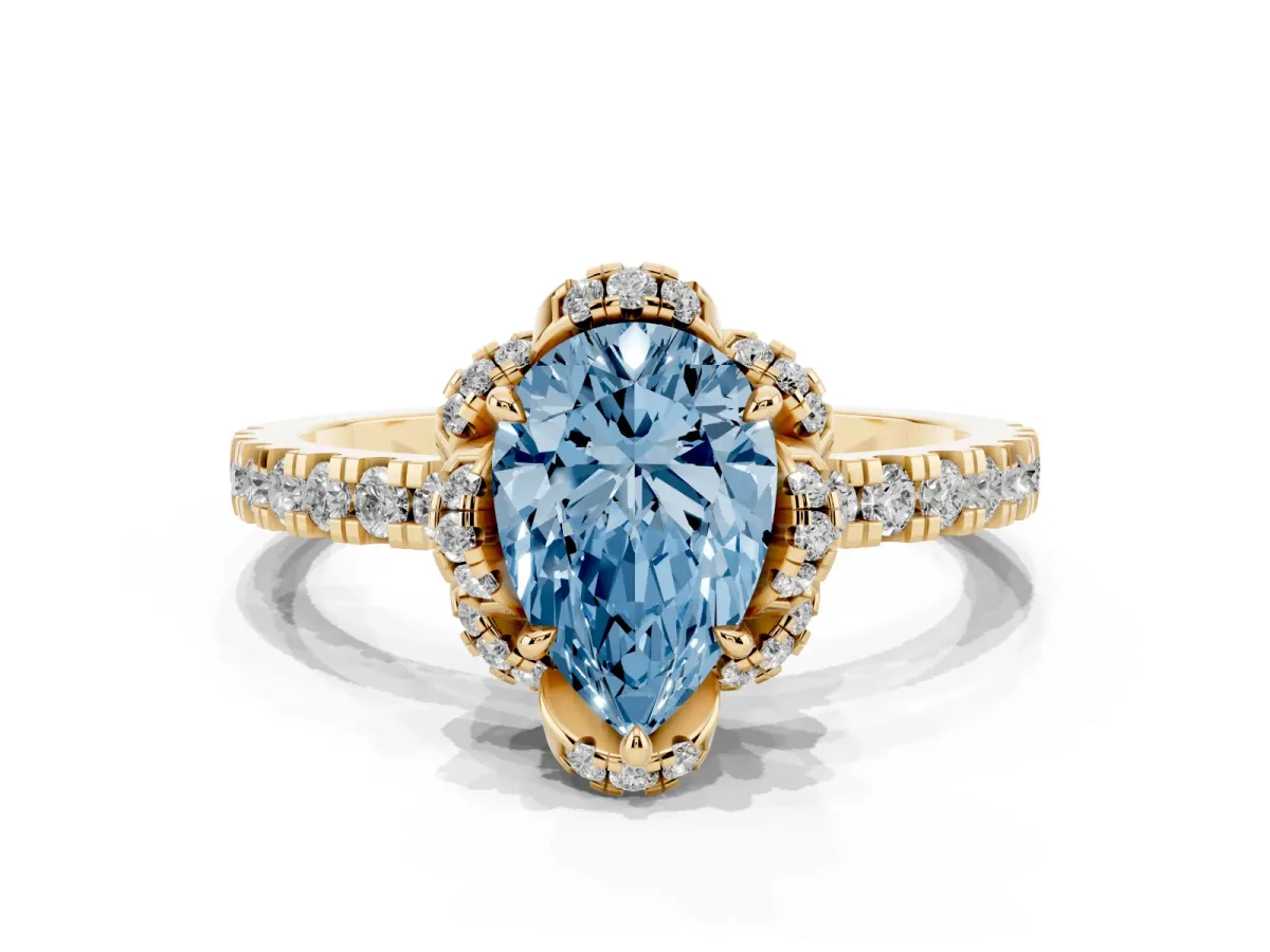Fancy Blue Pear Cut Diamond Halo Pave Band with Four-Prong Setting Yellow gold