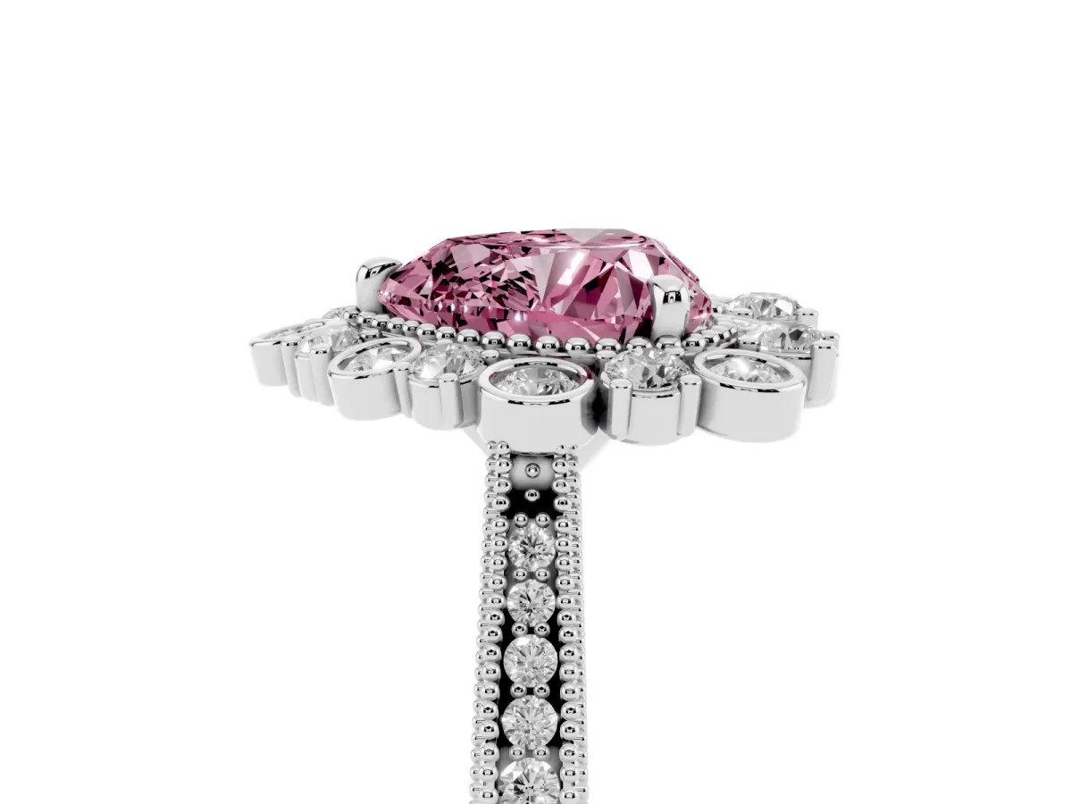 Fancy Pink Heart Cut Halo Milgrain Pave Diamond Ring with Four-Prong Setting White gold
