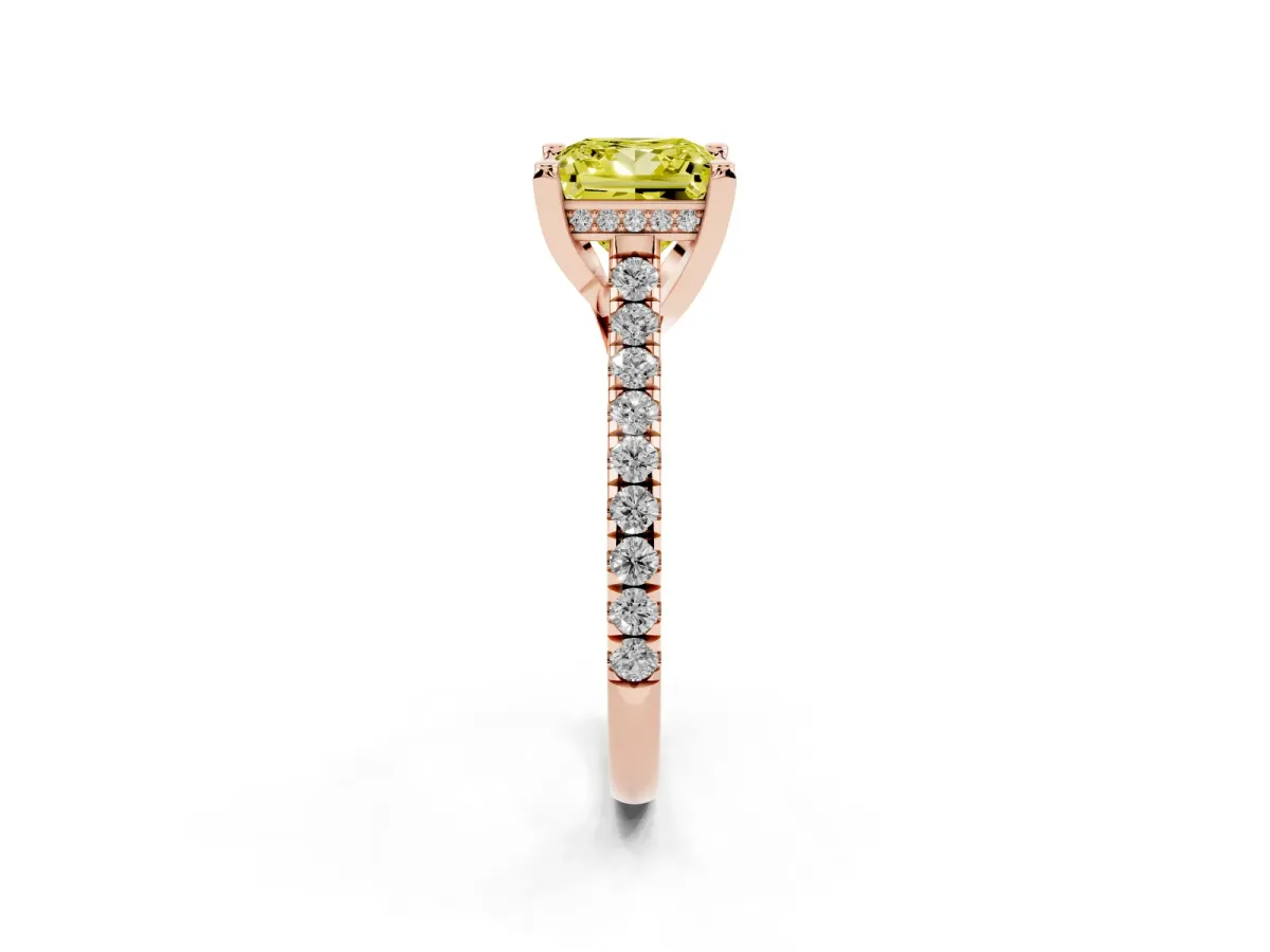 Fancy Yellow Princess Cut Brilliant Diamond Solitaire with Pavé Band and Four-Prong Setting Rose gold