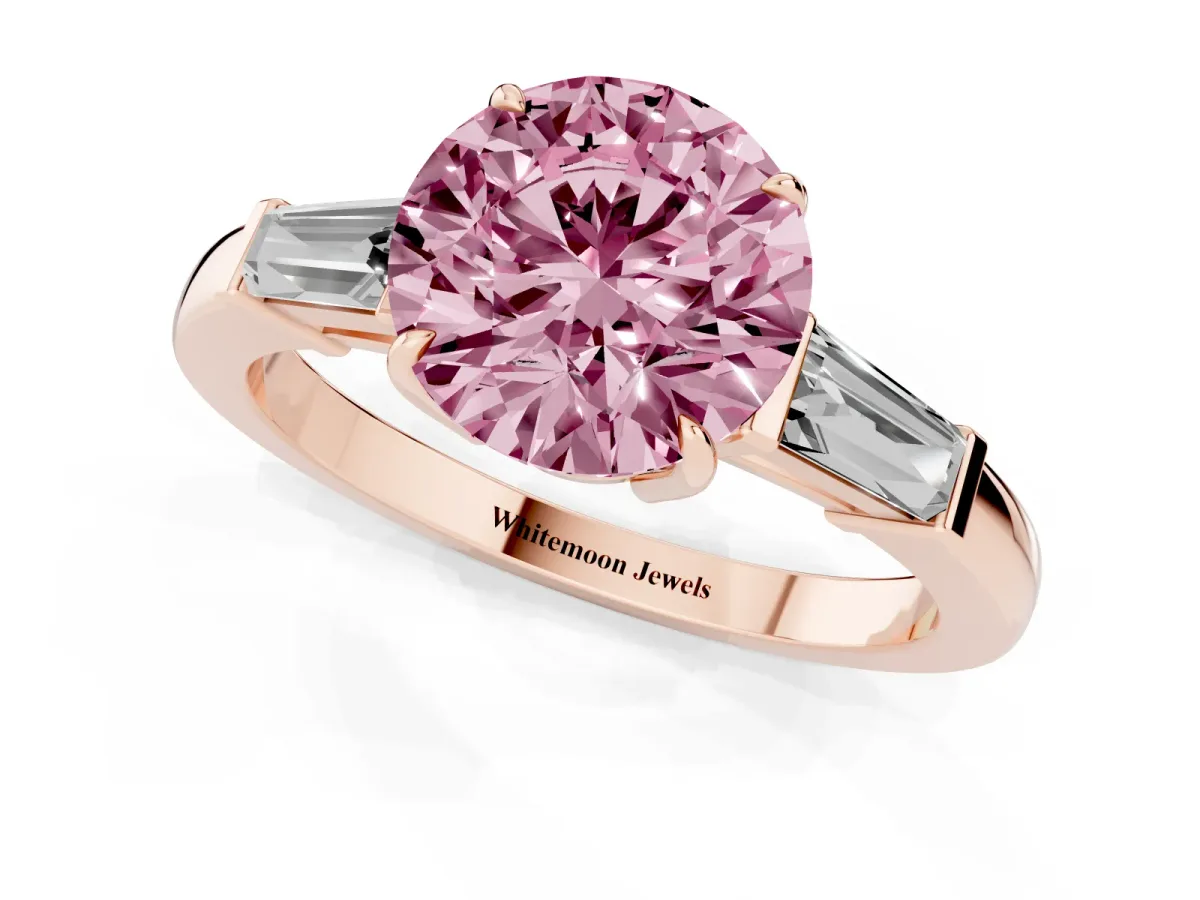 Fancy Pink Round Cut Diamond Three-Stone Ring with Tapered Baguette Side Stones and Prong Setting Rose gold