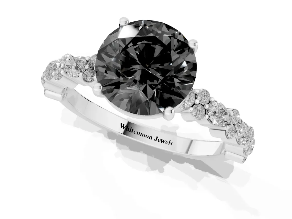 Fancy Black Round Cut Diamond Side Stone Solitaire Ring with Round and Four-Prong Setting Silver