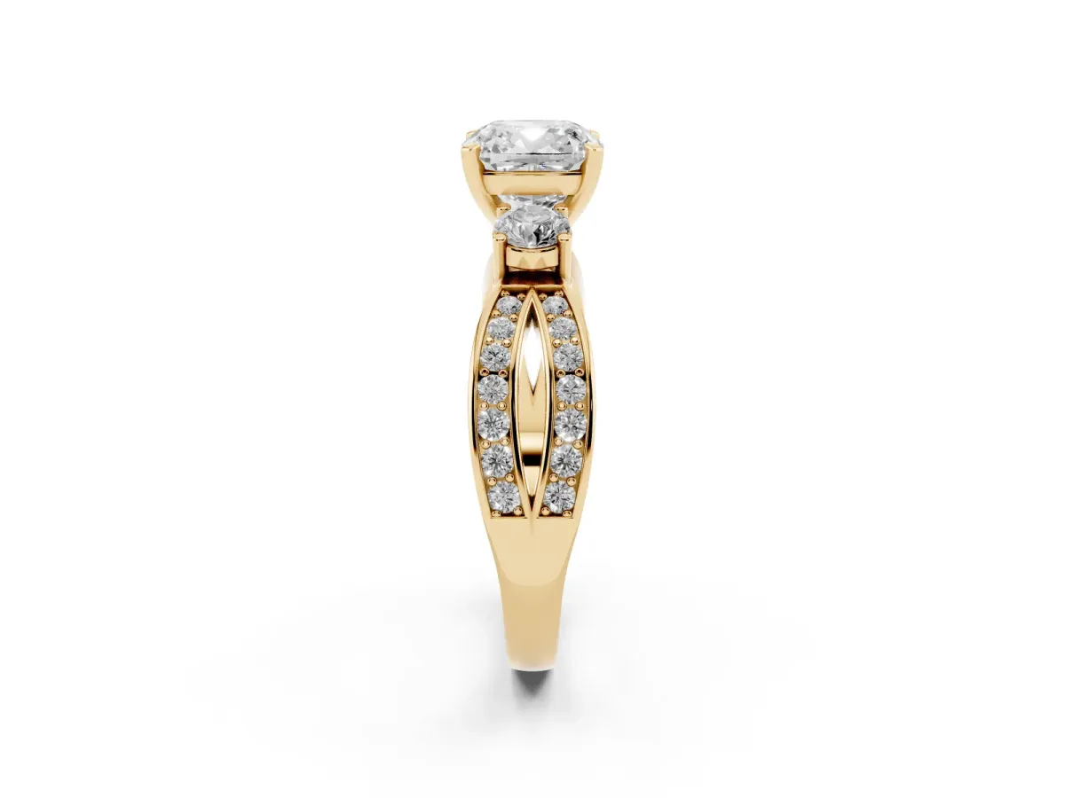 Three-Stone Cushion Cut Cut Diamond Twist Band with Prong Setting Yellow gold