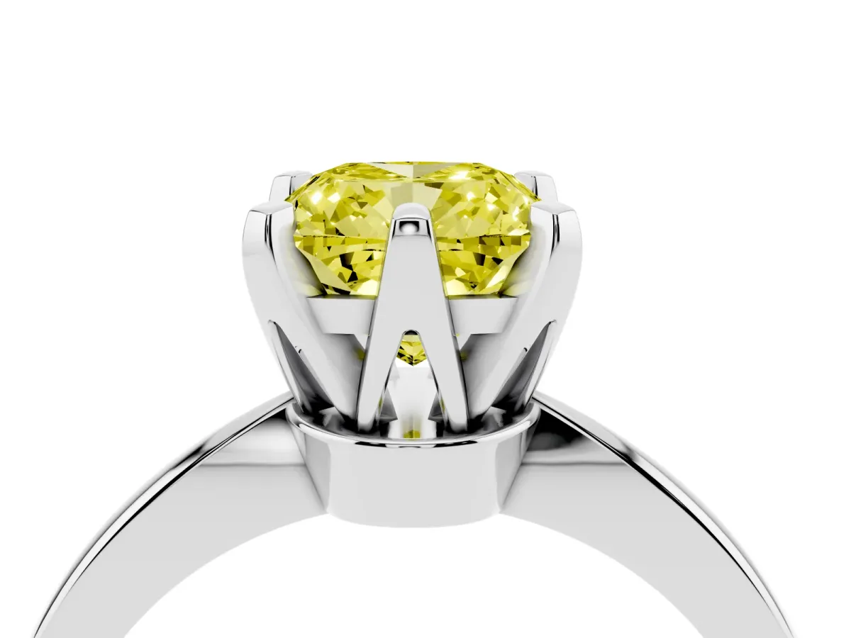 Fancy Yellow Cushion Cut Solitaire Engagement Ring with Six-Prong Setting and Tapered Band Platinum