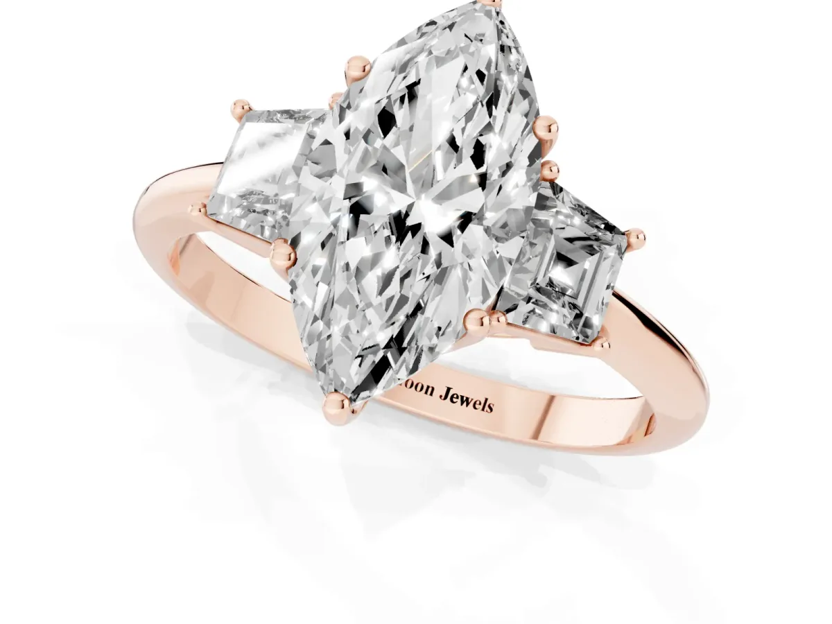 Marquise Cut Diamond Three-Stone Ring with Trapezoid Side Stones and Prong Setting Rose gold