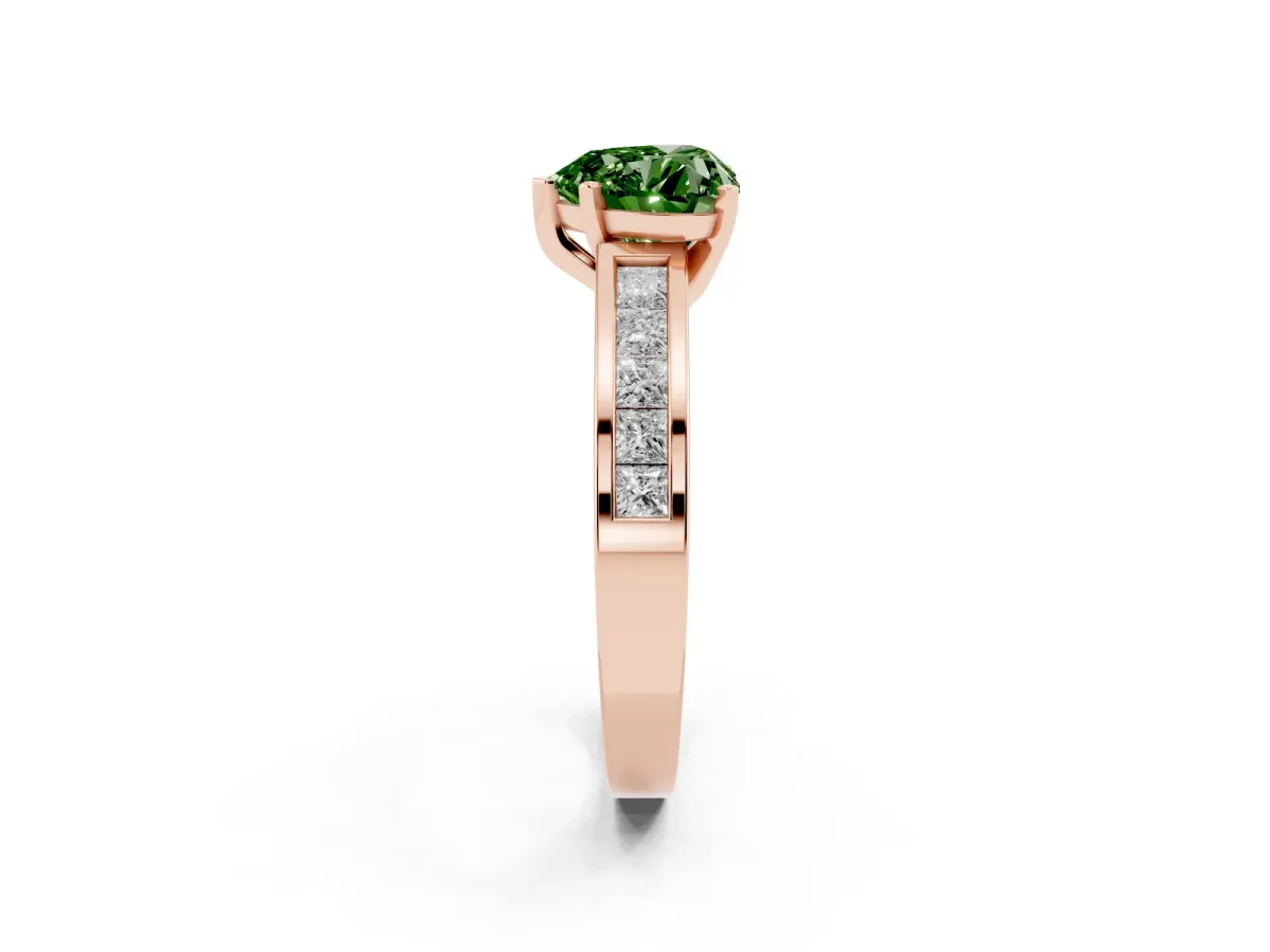 Fancy Green Heart Cut Solitaire Diamond Ring with Channel-Set Band and Four-Prong Setting Rose gold