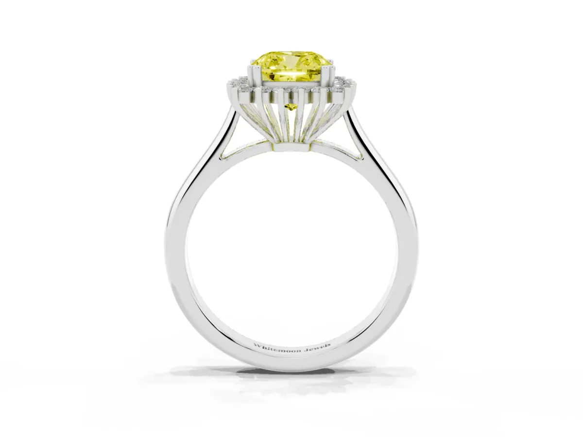 Fancy Yellow Cushion Cut Cut Diamond Halo Ring with Solitaire Band and Prong Setting White gold