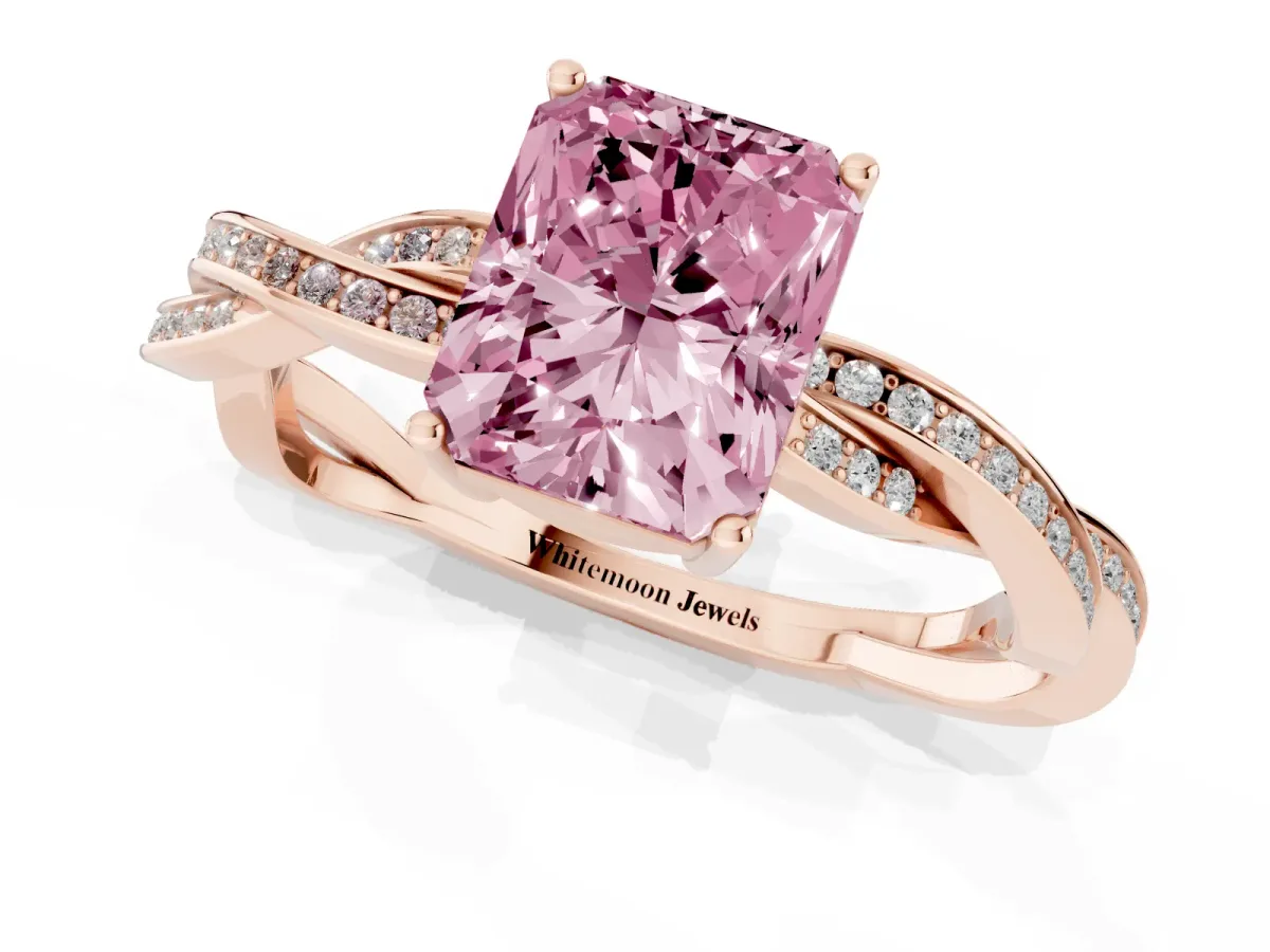 Fancy Pink Radiant Cut Solitaire Twisted Pave Diamond Ring with Four-Prong Setting Rose gold