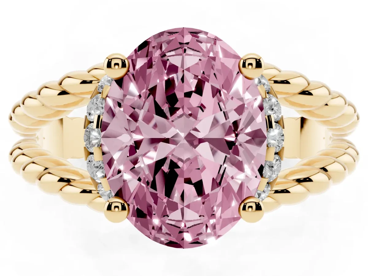 Fancy Pink Oval Cut Halo Twisted Band Four-Prong Ring Yellow gold