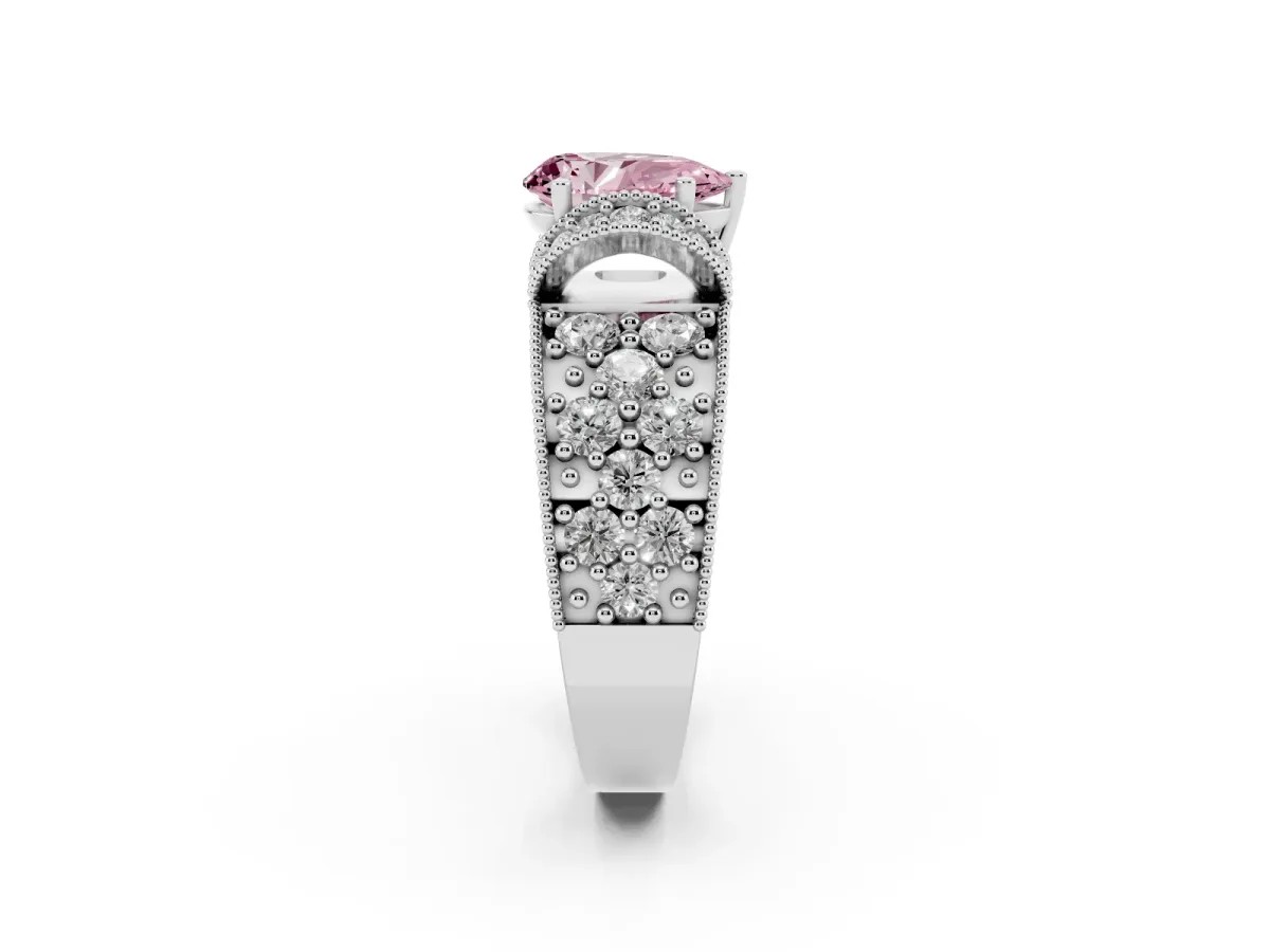 Fancy Pink Pear Cut Halo Pave Diamond Engagement Ring with Milgrain Detailing Silver