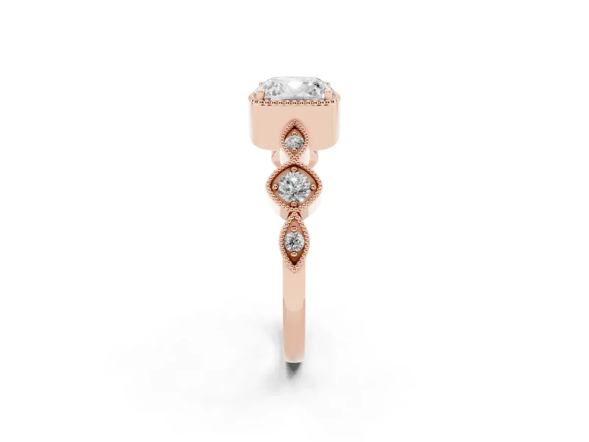 Cushion Cut Diamond Vintage Milgrain Ring with Round Stations Rose gold