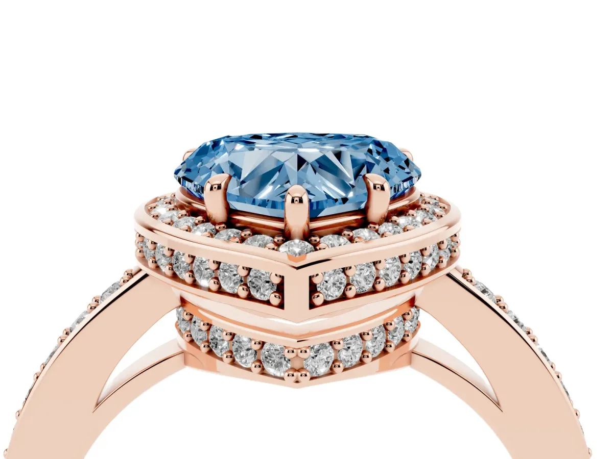 Fancy Blue Heart Cut Halo Pave Band Solitaire Ring with Prong Setting Rose gold
