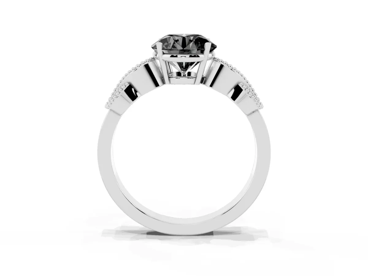 Fancy Black Round Cut Solitaire Milgrain Leaf Band with Prong Setting Silver