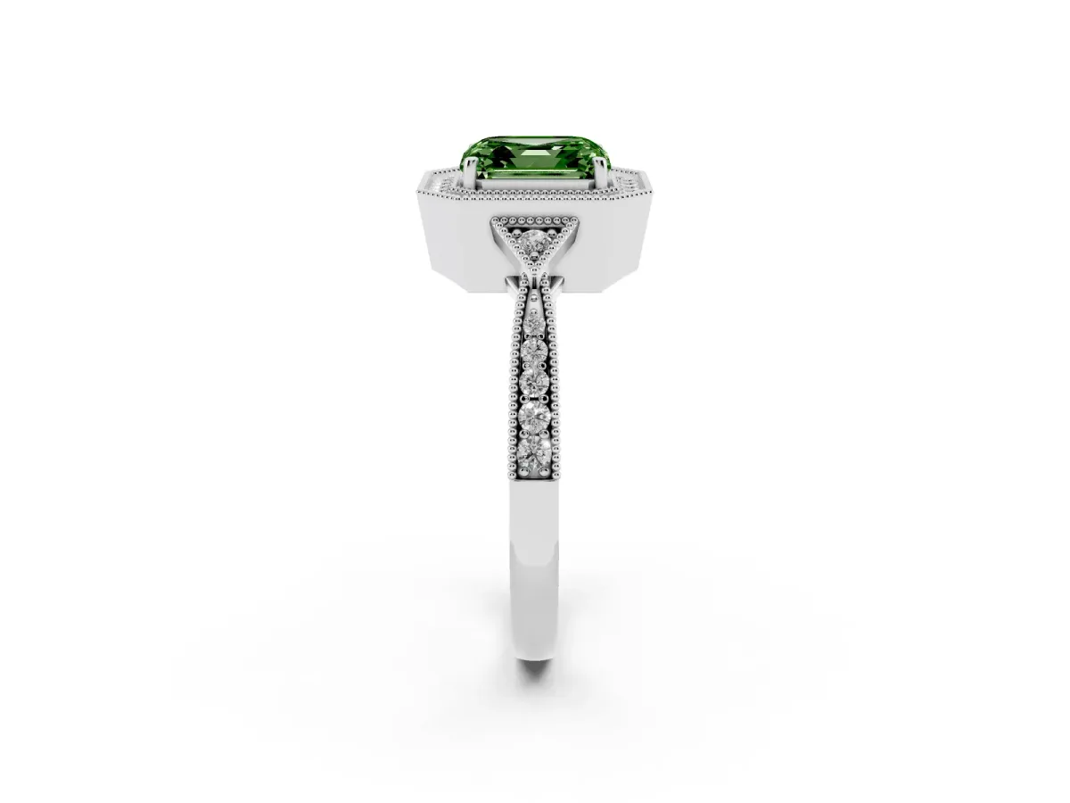 Fancy Green Asscher Cut Halo Round Diamond Milgrain Pave Engagement Ring Silver