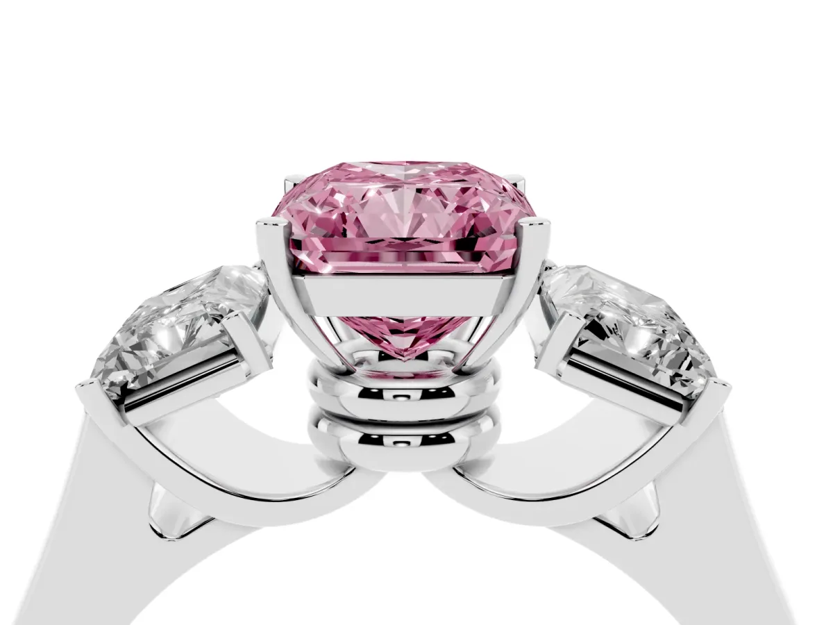 Fancy Pink Three-Stone Radiant Cut Brilliant Diamond Trellis Ring with Comfort Fit Band Silver
