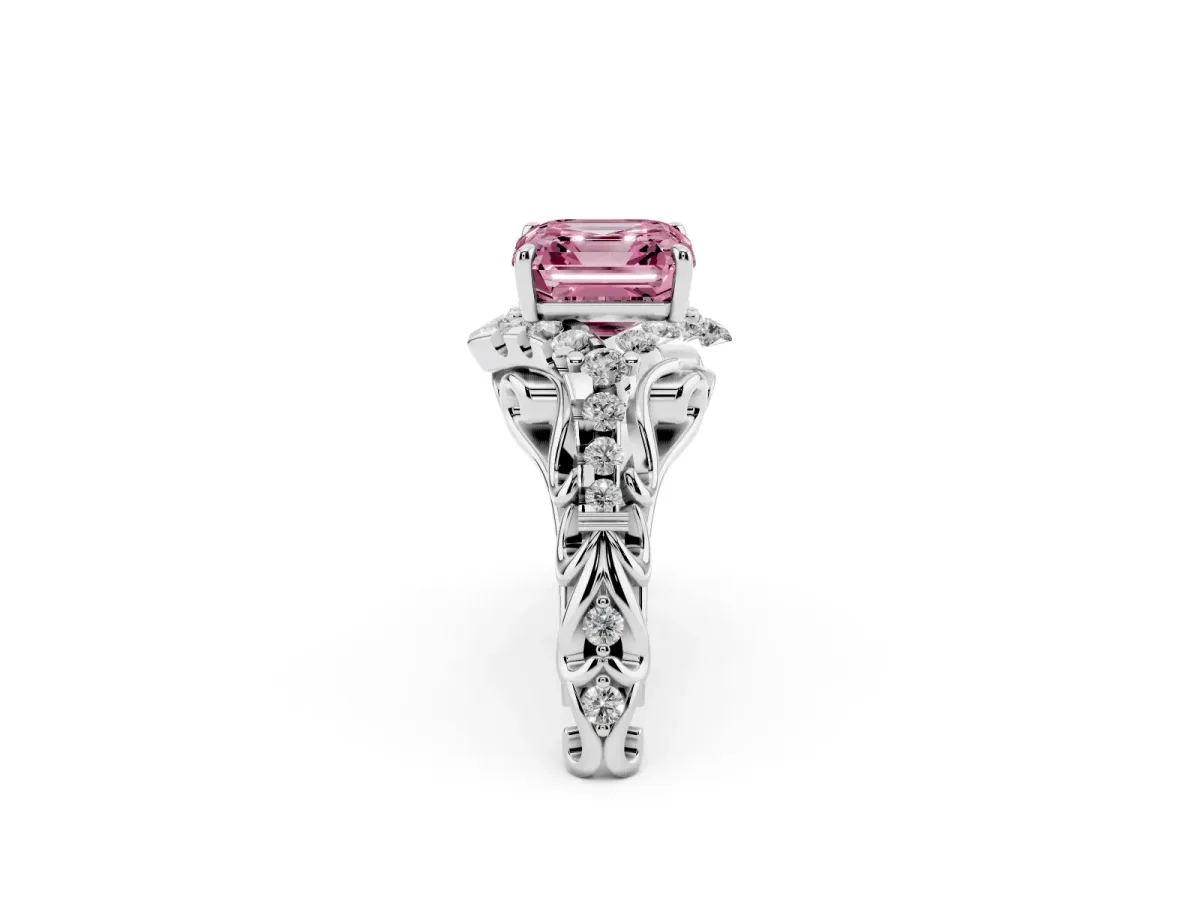 Fancy Pink Asscher Cut Diamond Solitaire Ring with Hidden Halo and Pavé Band Platinum