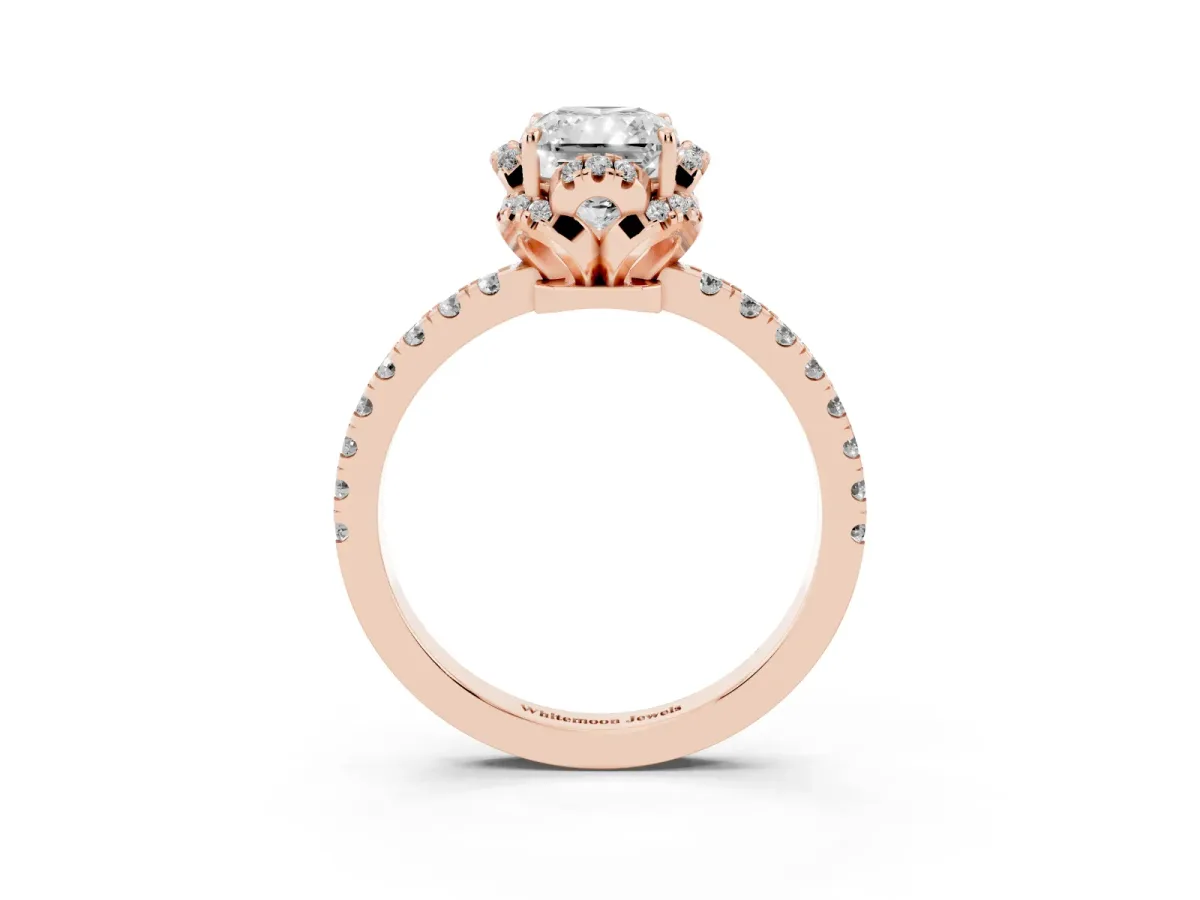 Radiant Cut Diamond Halo Pave Band with Four-Prong Setting Rose gold