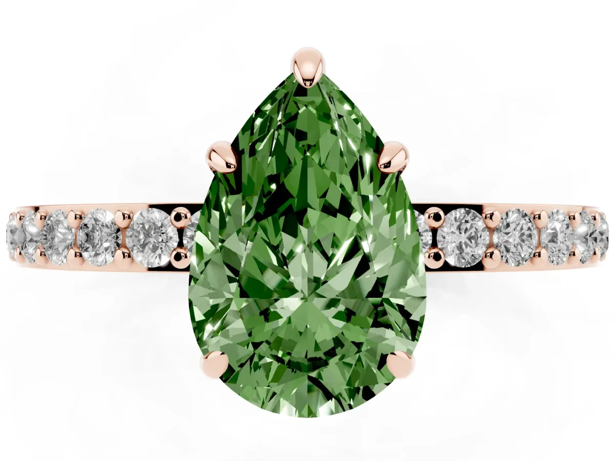 Fancy Green Pear Cut Diamond Pavé Engagement Ring with Round Accents and Prong Setting Rose gold