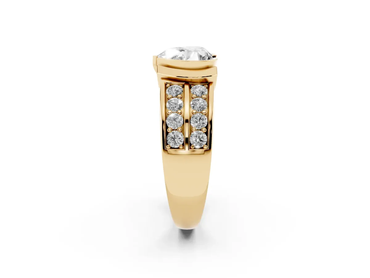 Heart Cut Brilliant Diamond Channel Set Wide Band Ring with Bezel Setting Yellow gold