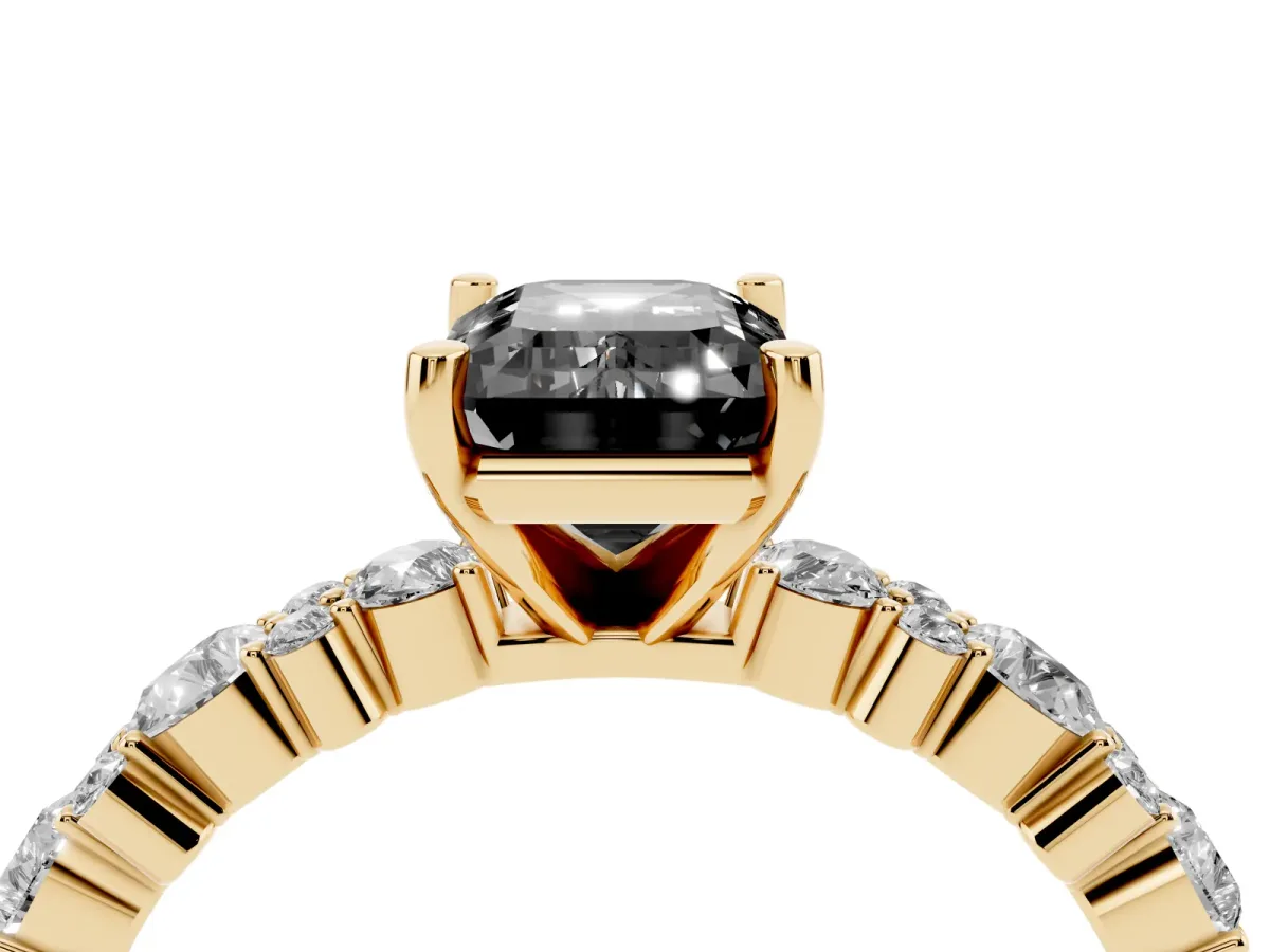 Fancy Black Emerald Cut Diamond Side Stone Solitaire Ring with Round and Four-Prong Setting Yellow gold