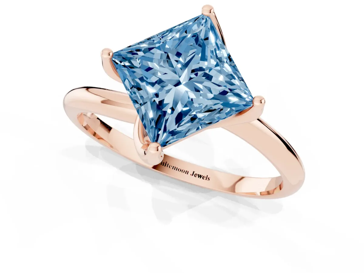 Fancy Blue Princess Cut Diamond Solitaire Engagement Ring with Four-Prong Setting and Classic Band Rose gold