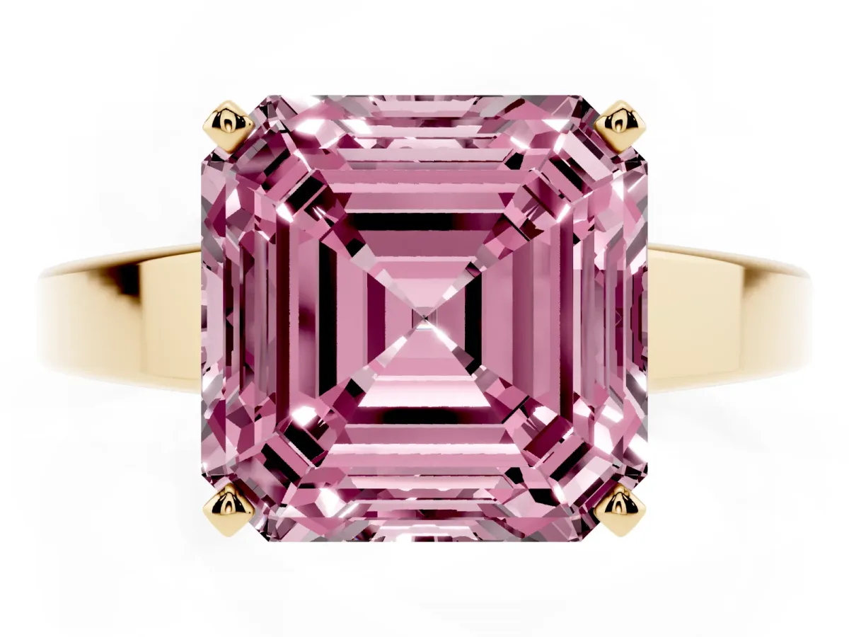 Fancy Pink Asscher Cut Solitaire Engagement Ring with Four-Prong Setting and Tapered Band Yellow gold