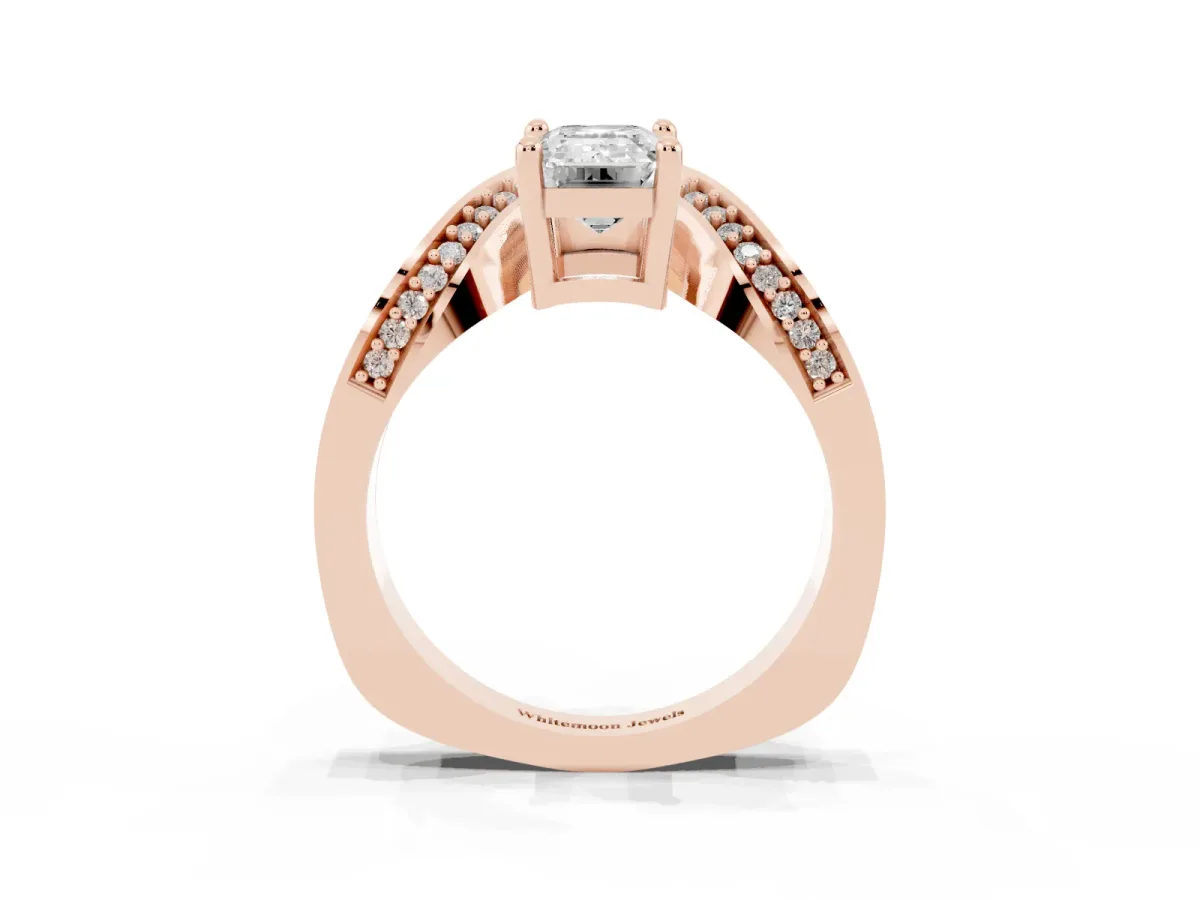 Emerald Cut Solitaire Diamond Engagement Ring with Pave Band and Four-Prong Setting Rose gold