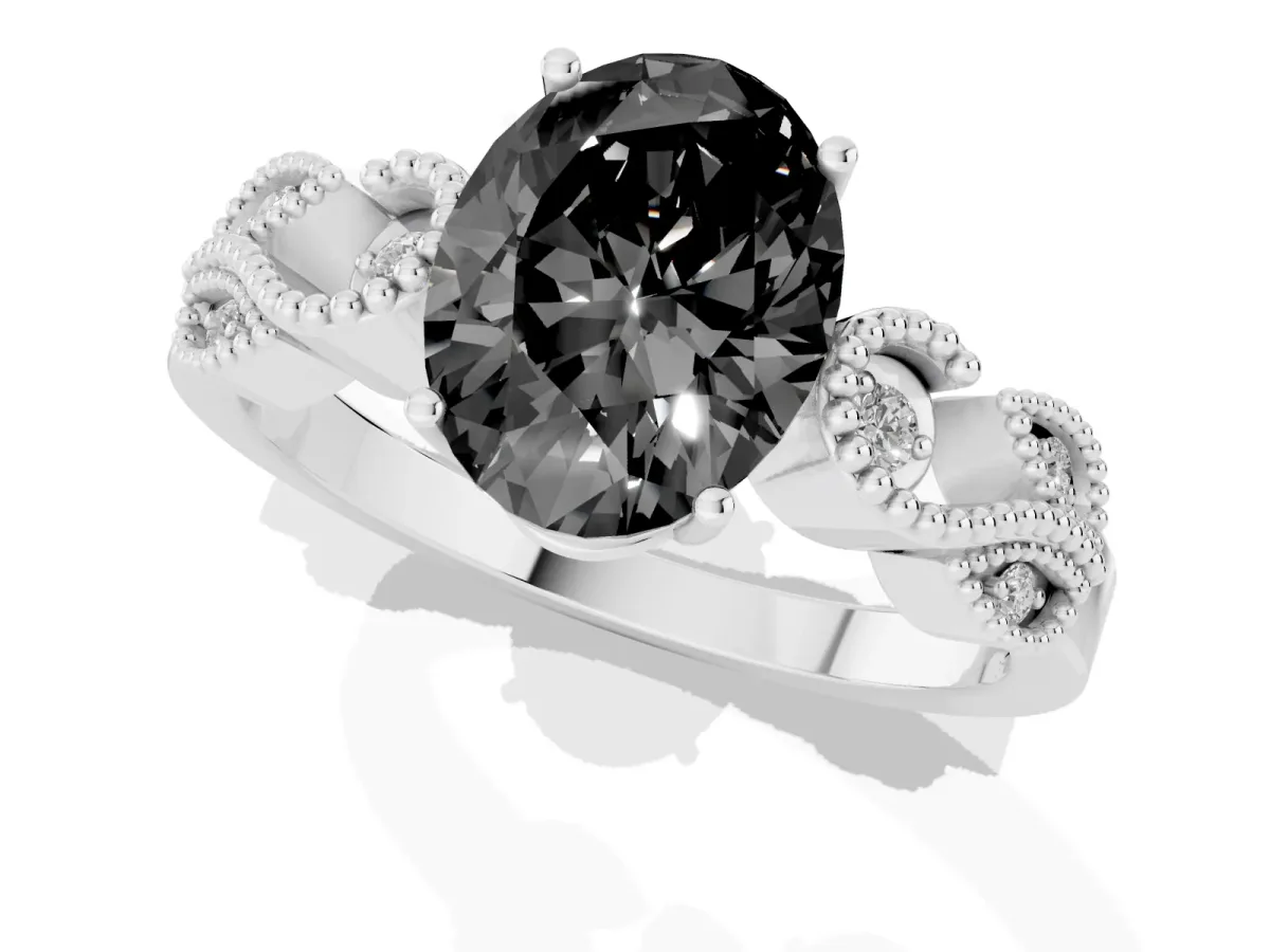 Fancy Black Oval Cut Solitaire Milgrain Leaf Band with Prong Setting Silver