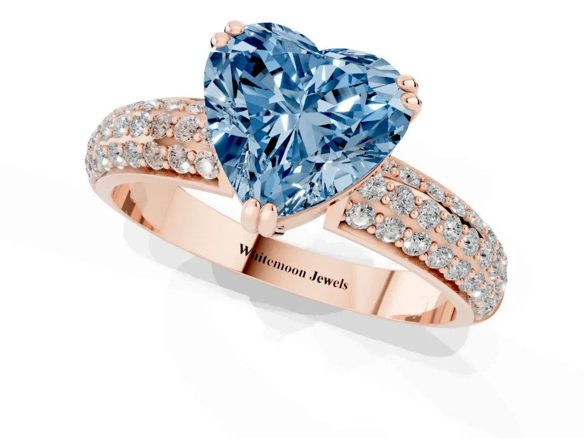 Fancy Blue Heart Cut Diamond Solitaire Ring with Multi-Row Round Pavé Band and Prong Setting Rose gold