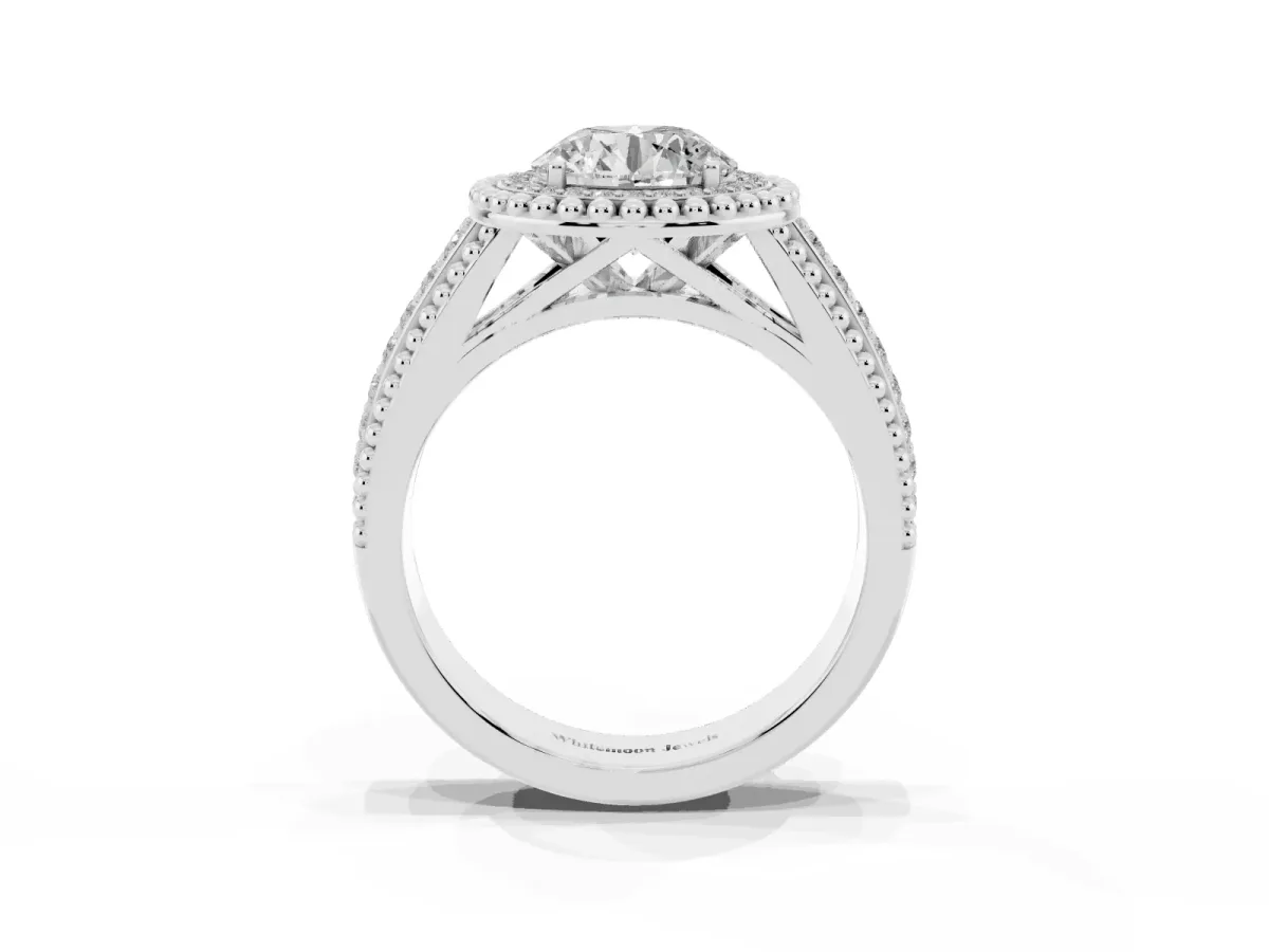 Round Cut Halo Diamond Ring with Beaded Split Shank and Four-Prong Setting Platinum