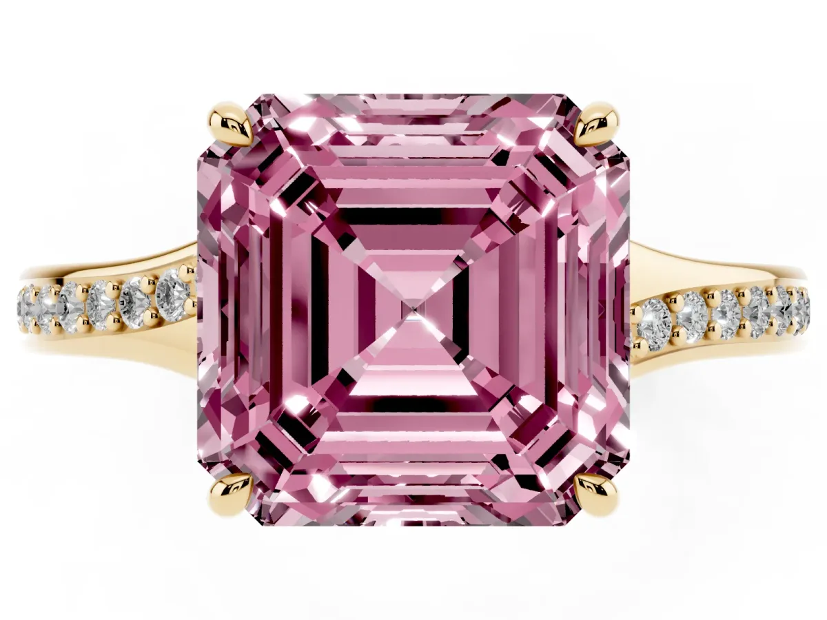 Fancy Pink Asscher Cut Diamond Solitaire Ring with Pavé Band and Prong Setting Yellow gold