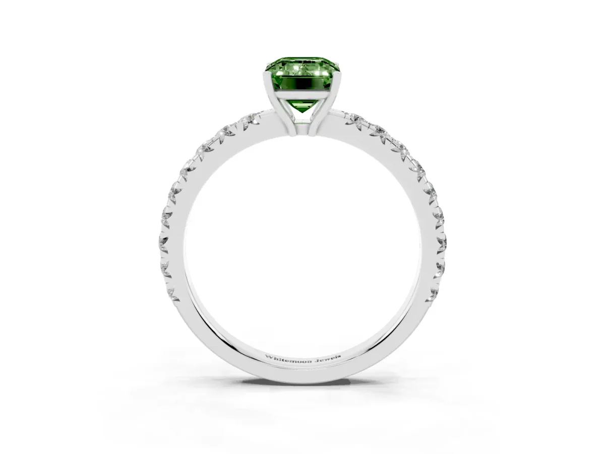 Fancy Green Emerald Cut Diamond Pavé Solitaire Engagement Ring with Four-Prong Setting Platinum
