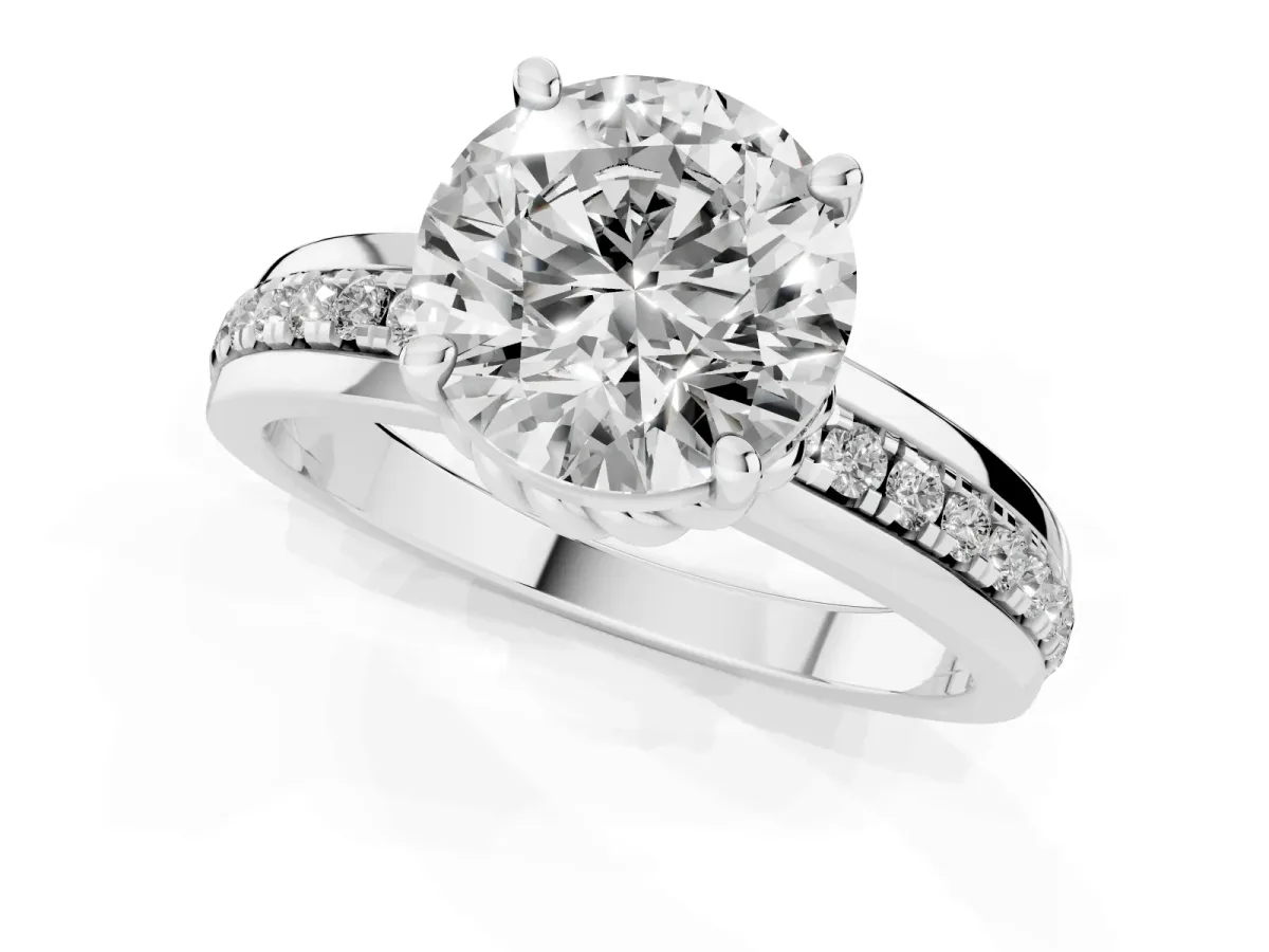 Round Cut Solitaire Diamond Ring with Channel Set Band and Six-Prong Setting Silver