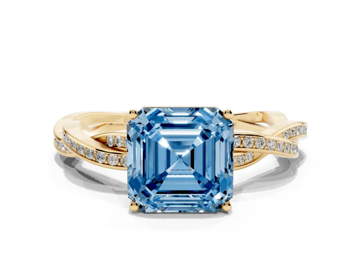 Fancy Blue Asscher Cut Solitaire Twisted Pave Diamond Ring with Four-Prong Setting Yellow gold