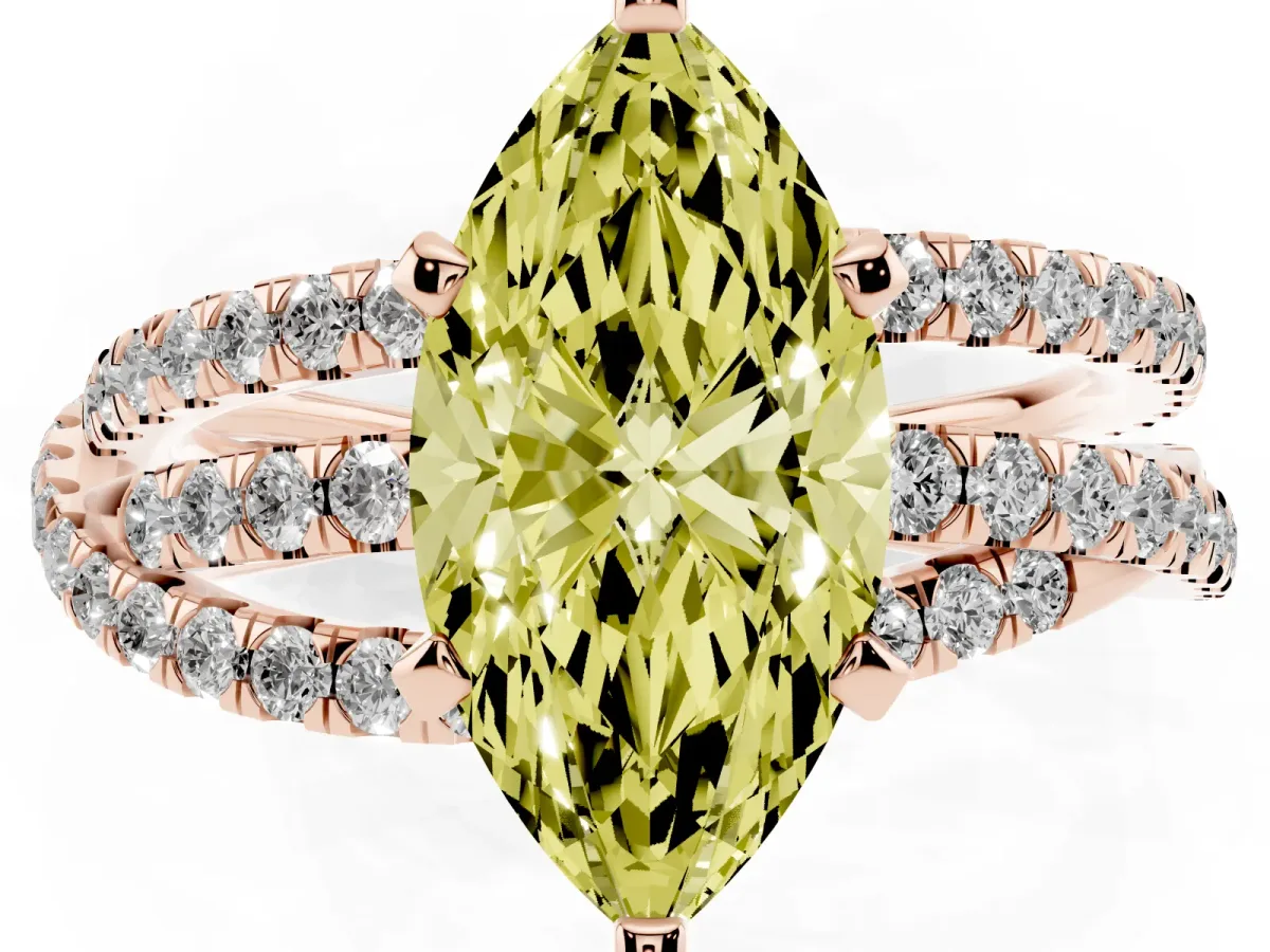 Fancy Yellow Marquise Cut Solitaire Twist Band with Pavé Setting and Four-Prong Setting Rose gold