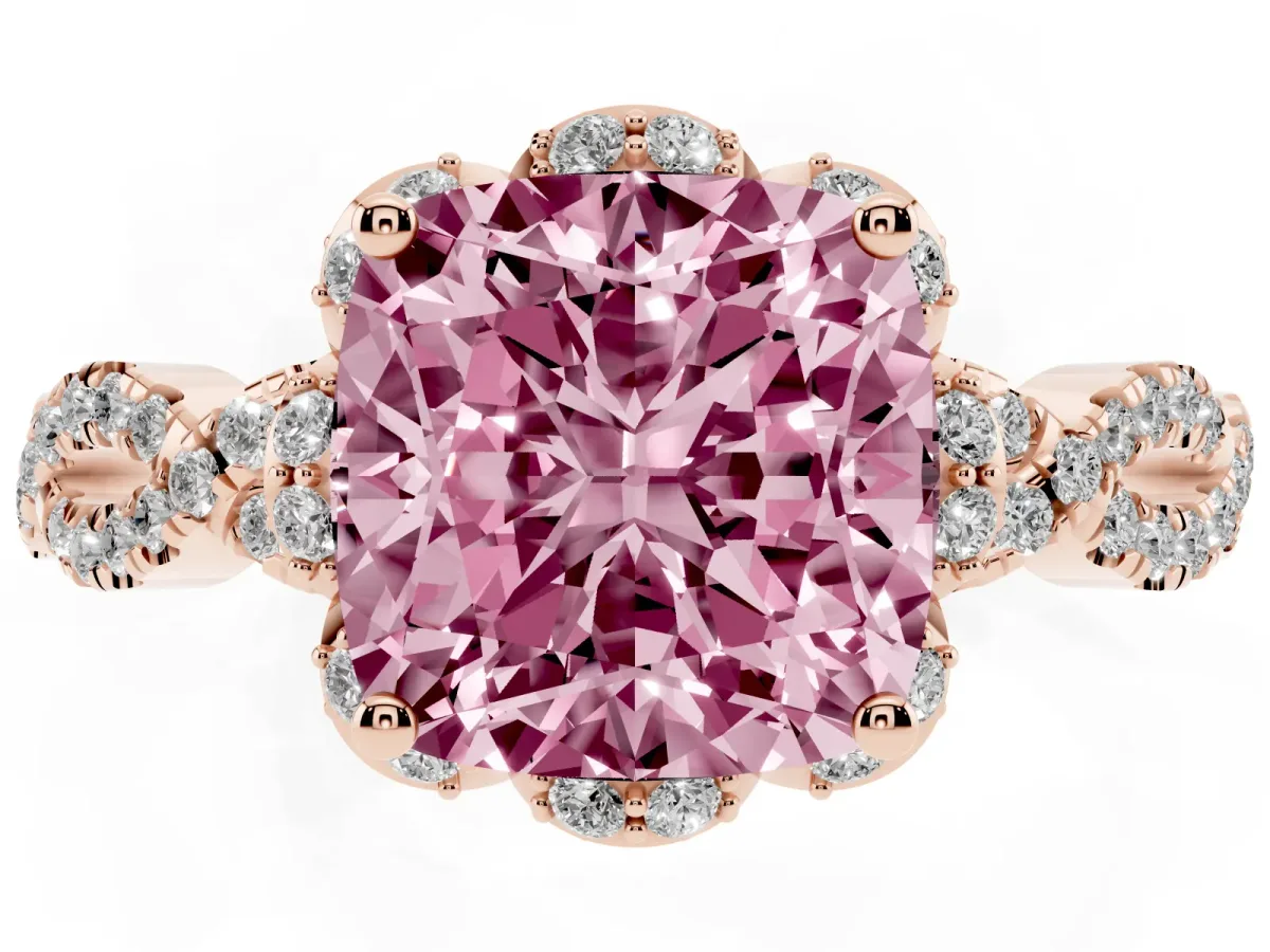 Fancy Pink Cushion Cut Halo Twist Band Solitaire Ring with Six-Prong Setting Rose gold
