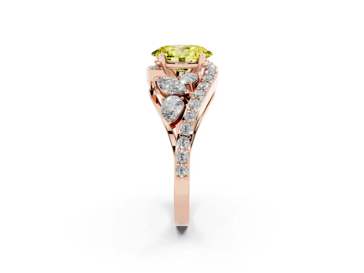 Fancy Yellow Oval Cut Diamond Halo Ring with Marquise and Pavé Band in Prong Setting Rose gold