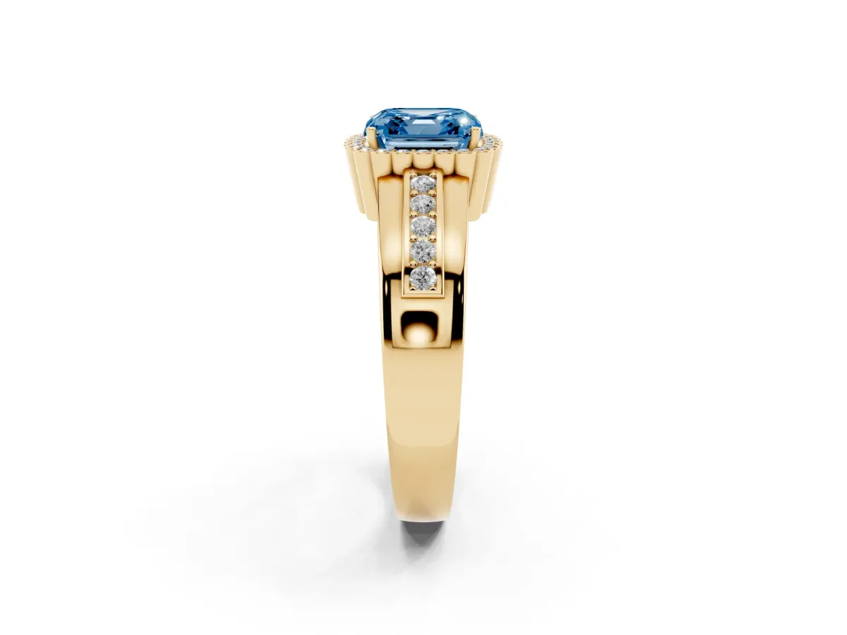 Fancy Blue Asscher Cut Cut Halo Pave Band Four-Prong Ring Yellow gold