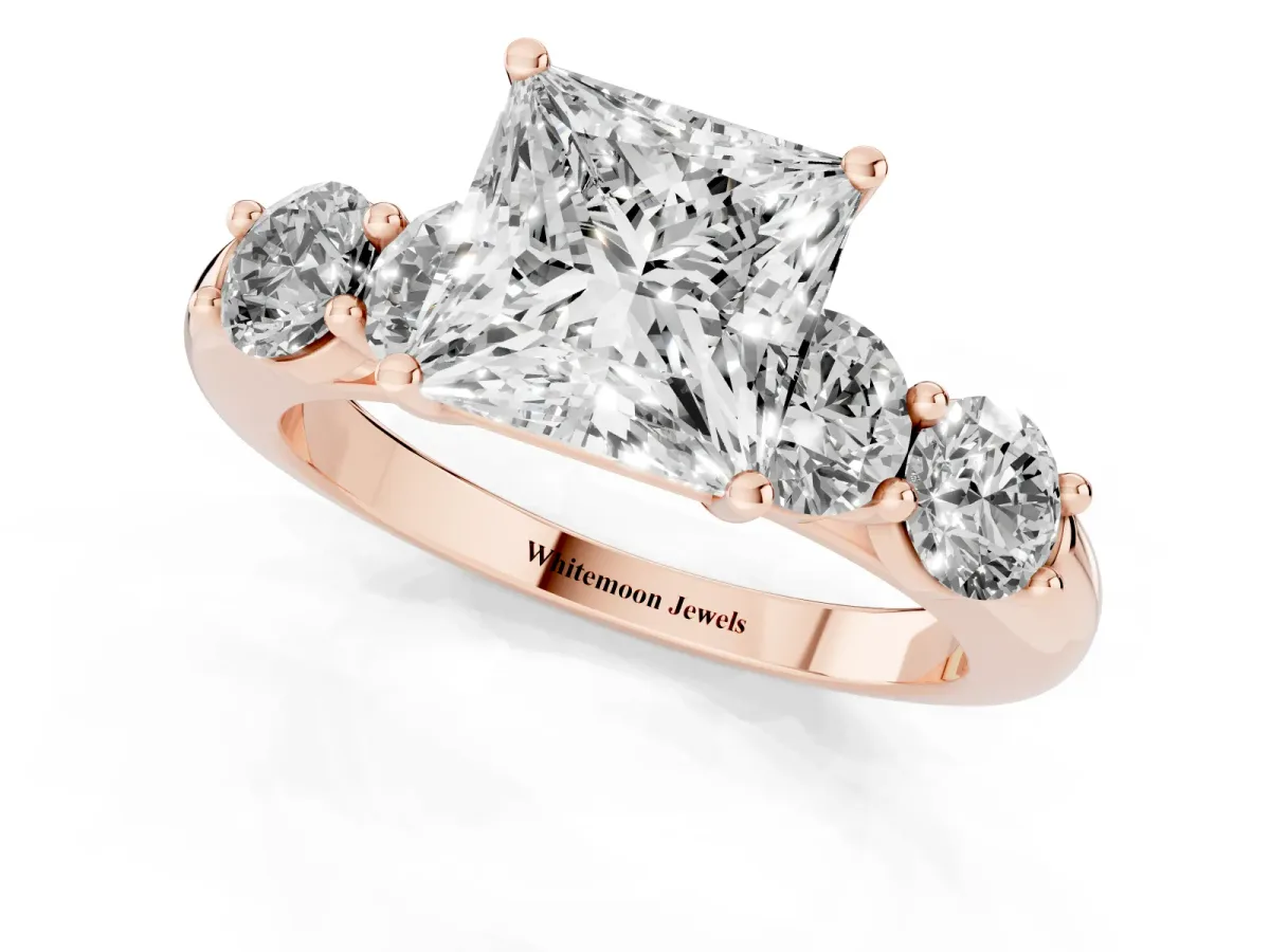 Princess Cut Cut Five-Stone Prong Set Diamond Ring with Classic Band Rose gold