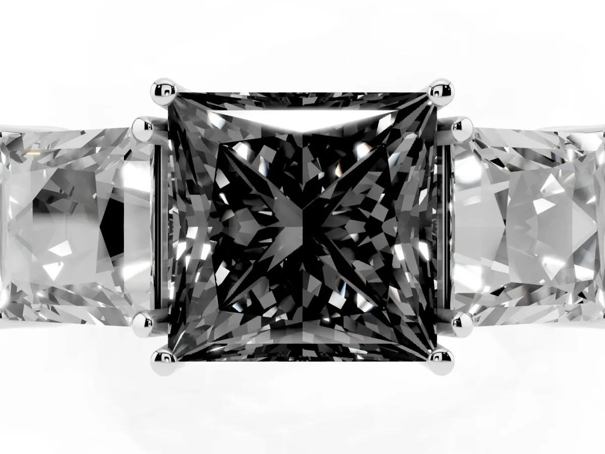 Fancy Black Three-Stone Princess Cut Cut Milgrain Pavé Engagement Ring Platinum