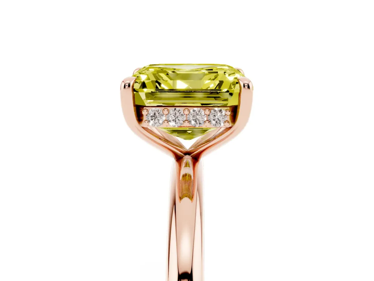 Fancy Yellow Asscher Cut Diamond Solitaire Ring with Thin Band and Four-Prong Setting Rose gold