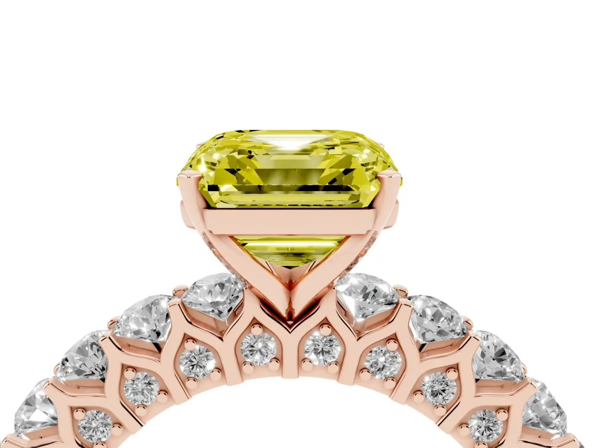 Fancy Yellow Asscher Cut Diamond Solitaire Ring with Shared Prong Pavé Band and Four-Prong Setting Rose gold