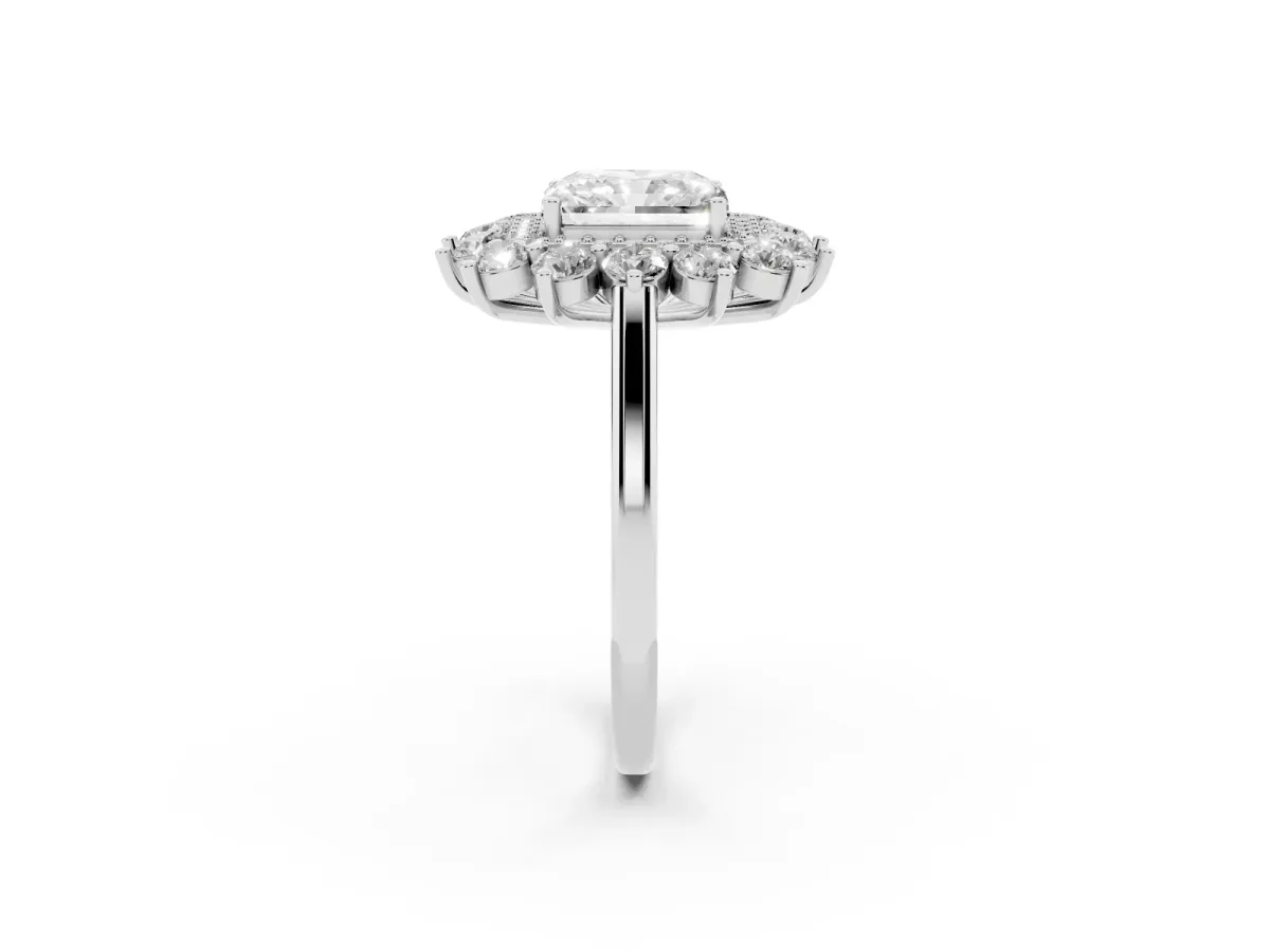 Radiant Cut Diamond Floral Double Halo Engagement Ring with Prong Setting White gold