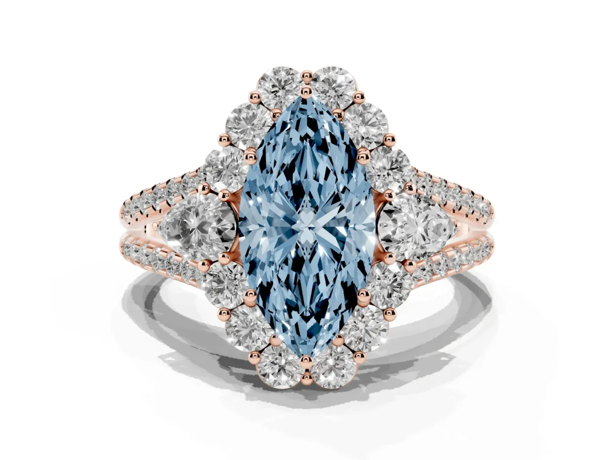 Fancy Blue Marquise Cut Halo Split Shank Diamond Engagement Ring with Prong Setting Rose gold