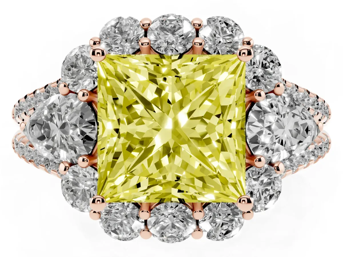 Fancy Yellow Princess Cut Halo Split Shank Diamond Engagement Ring with Prong Setting Rose gold